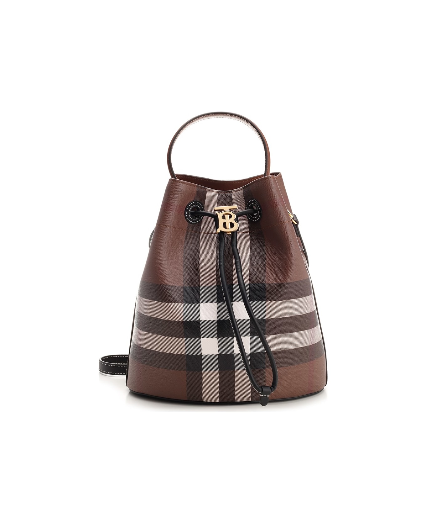 Burberry Logo Plaque Checked Drawstring Shoulder Bag