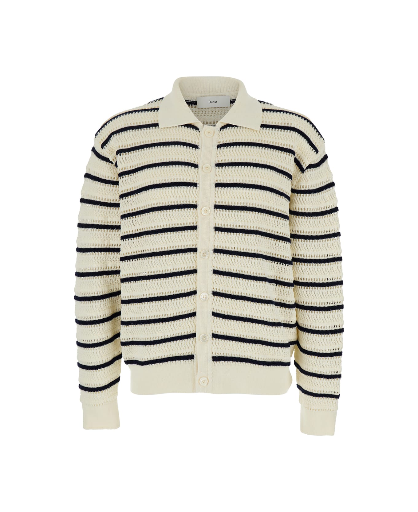 Dunst White Knitted Cardigan With Wide Collar And All-over Stiped Motif In Cotton Man - White