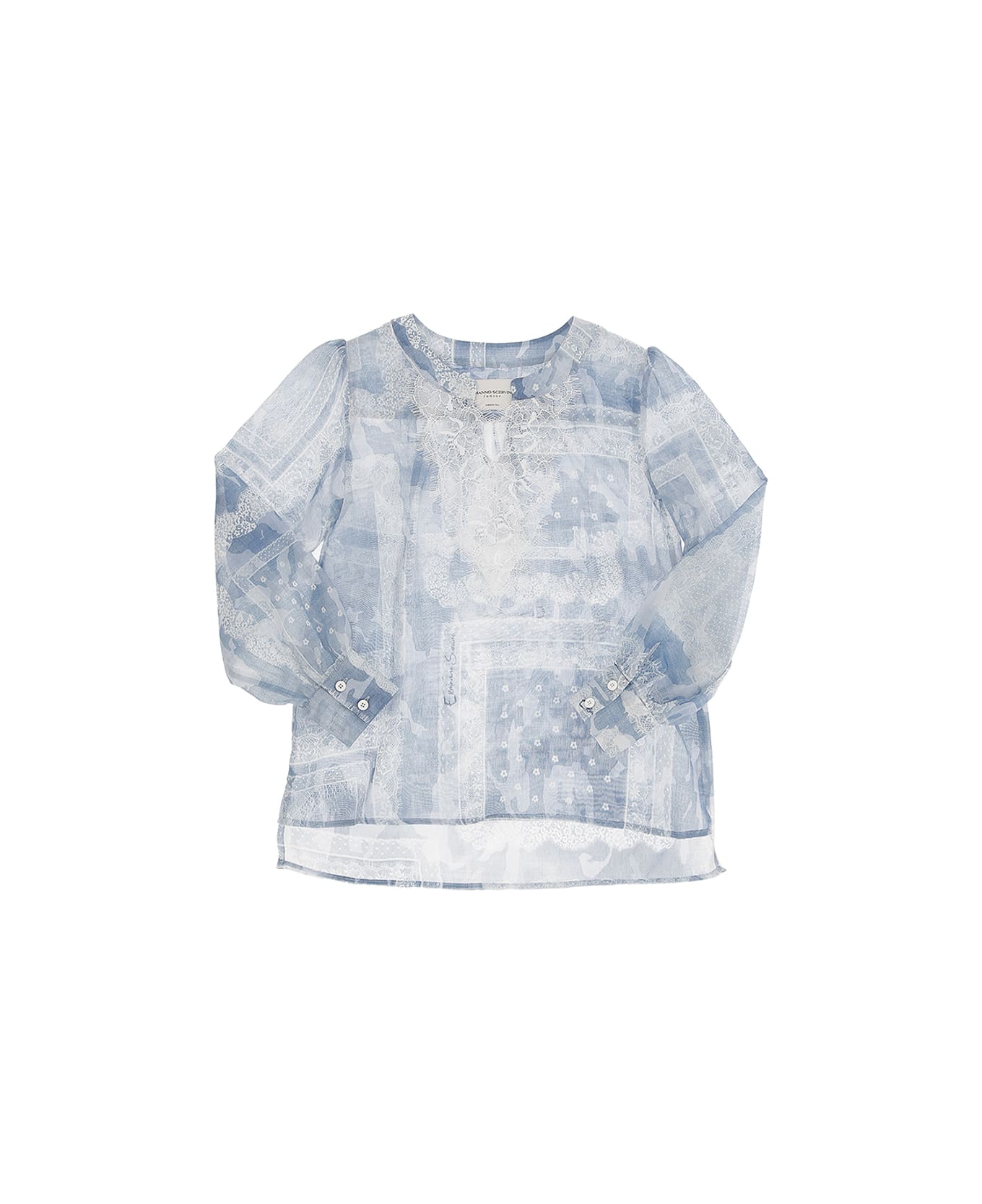 Ermanno Scervino Junior Cotton And Silk Voile Blouse With Lace - Blue
