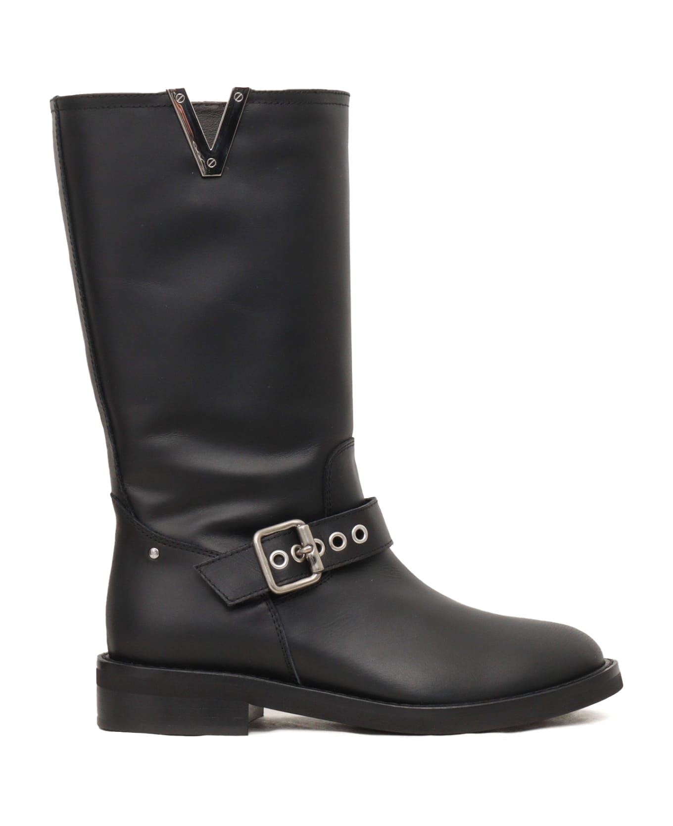 Via Roma 15 Buckles V Nickel Biker Boots - BLACK