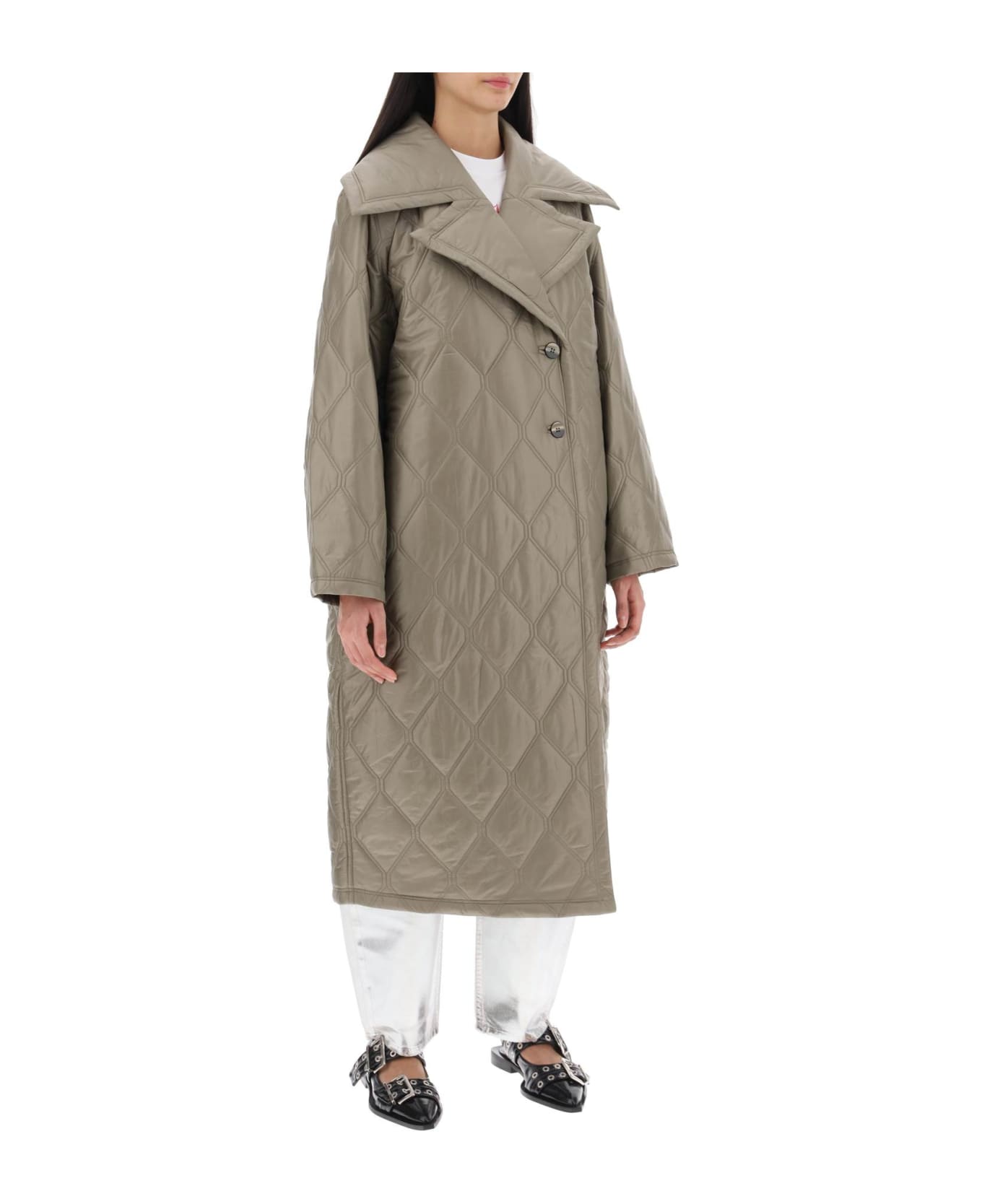 Ganni Quilted Oversized Coat - FALLEN ROCK (Khaki)