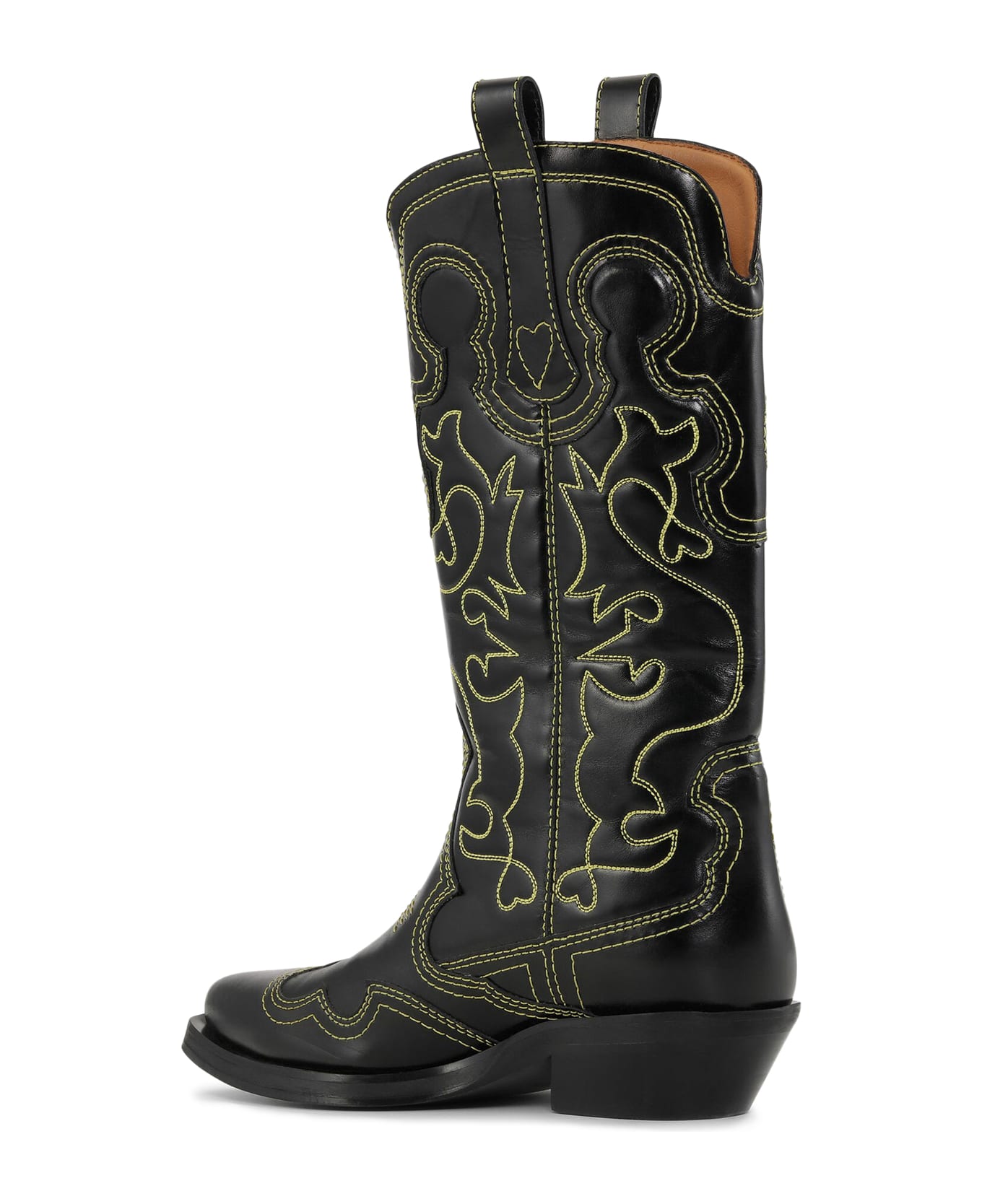 Ganni Mid Shaft Embroidered Western Boot Yellow St - Black ブーツ