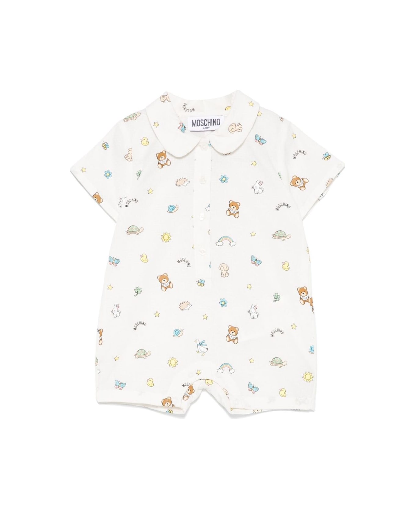 Moschino White One-piece With Peter Pan Collar And All-ove Graphic Print In Cotton Baby - White