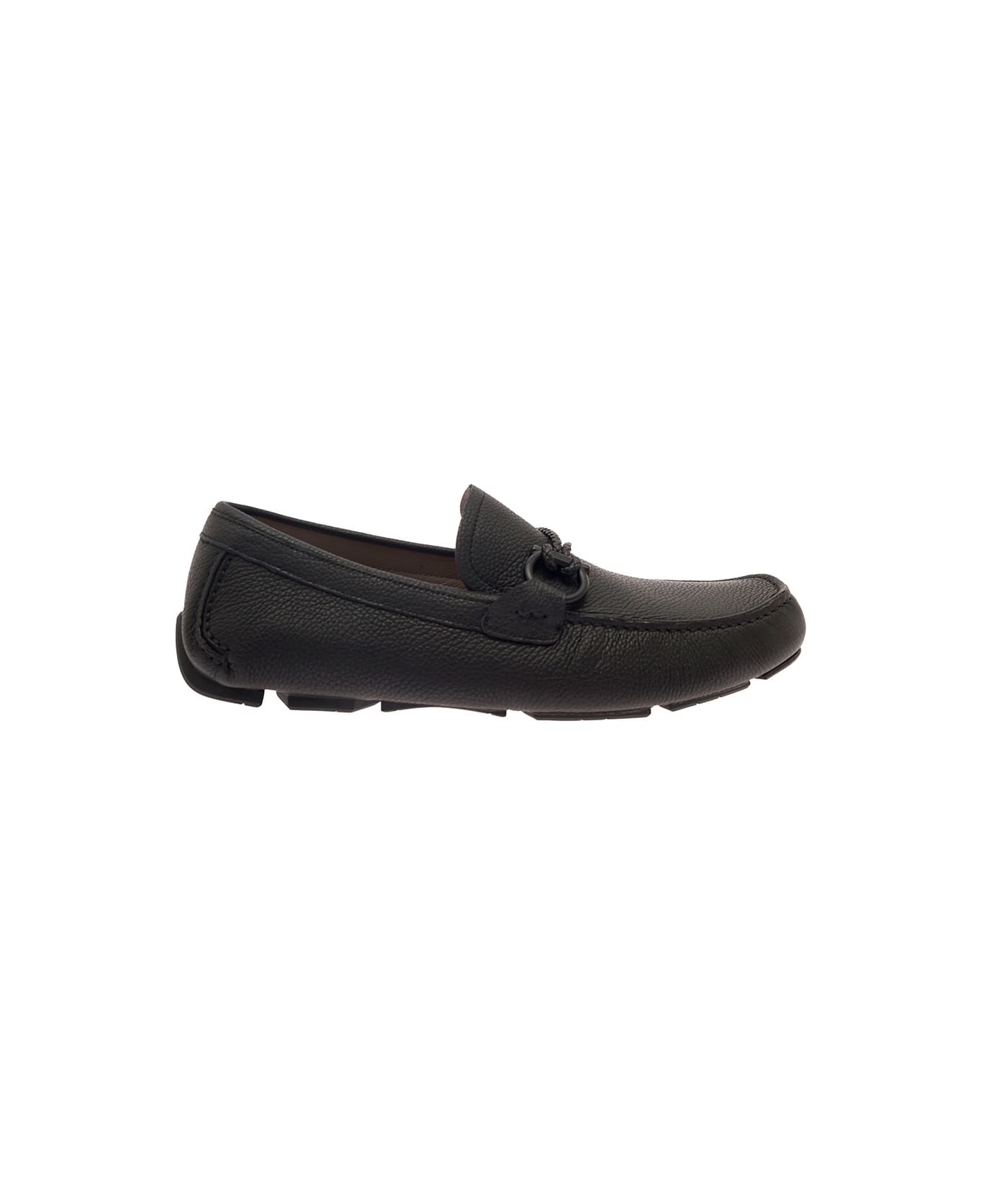 Ferragamo Black Slip-on Loafers With Gancini Detail In Hammered Leather Man - BLACK