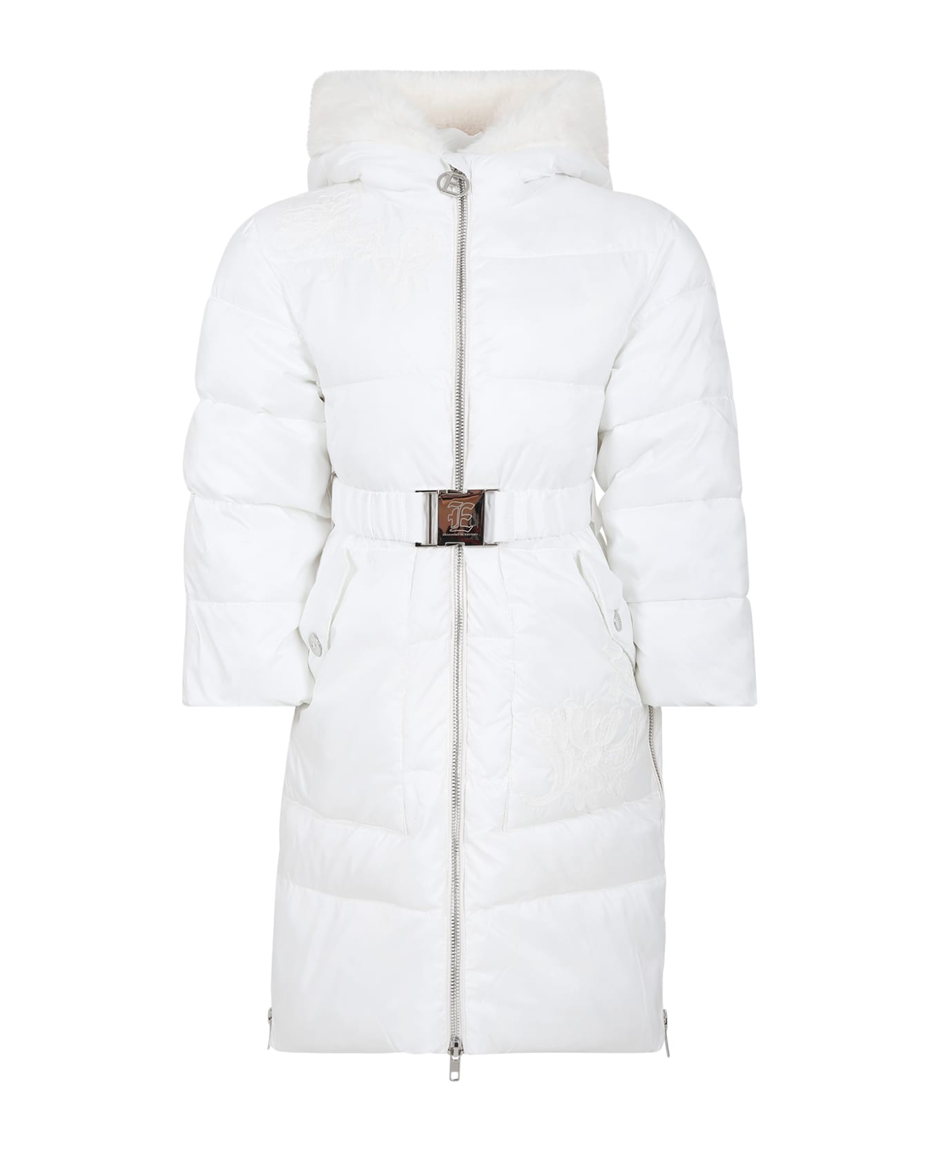 Ermanno Scervino Junior White Down Jacket For Girl With Embroidery - White
