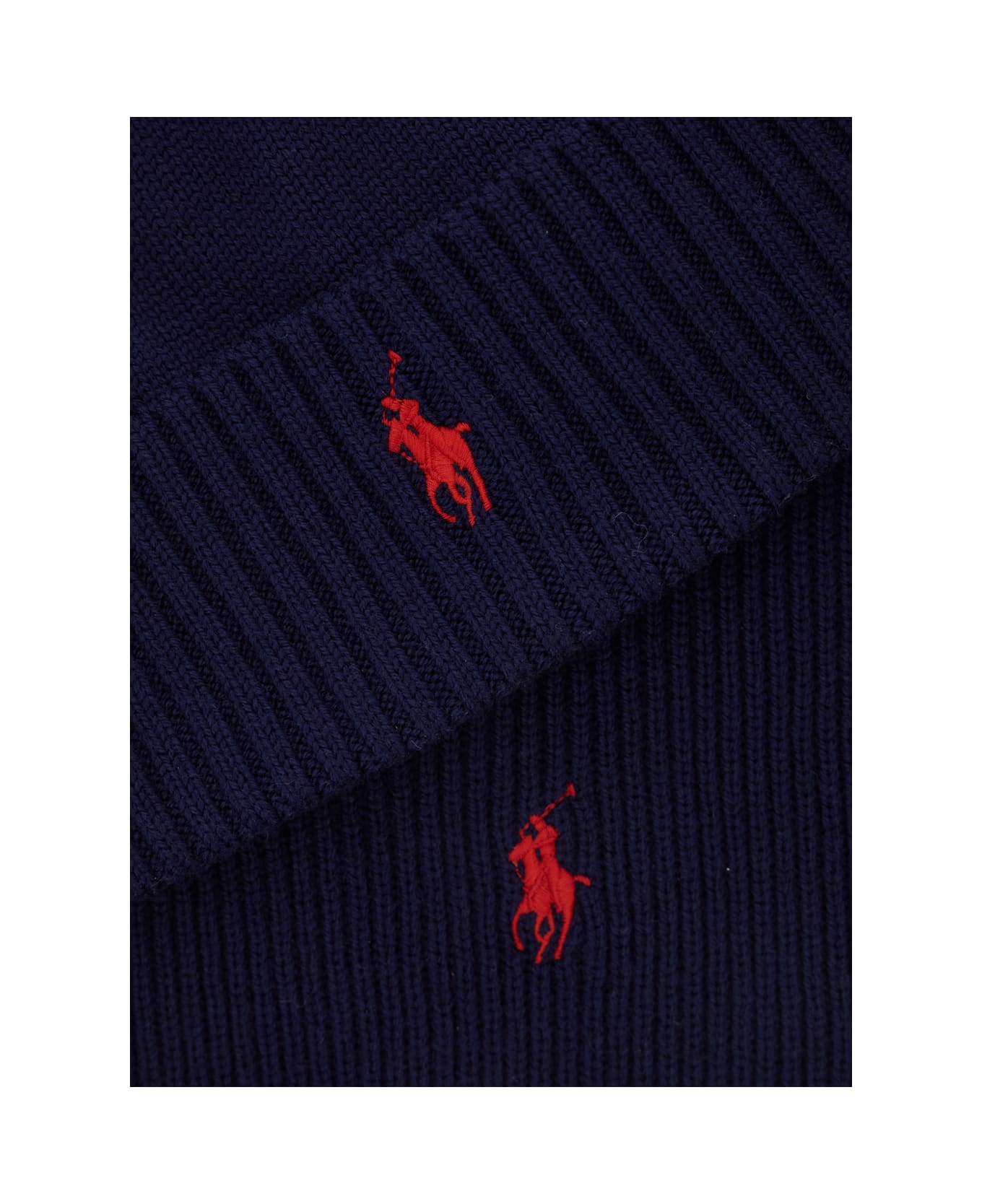 Ralph Lauren Blue Scarf And Beanie Set With Pony Embroidery On The Front In Wool Man - HUNTER NAVY