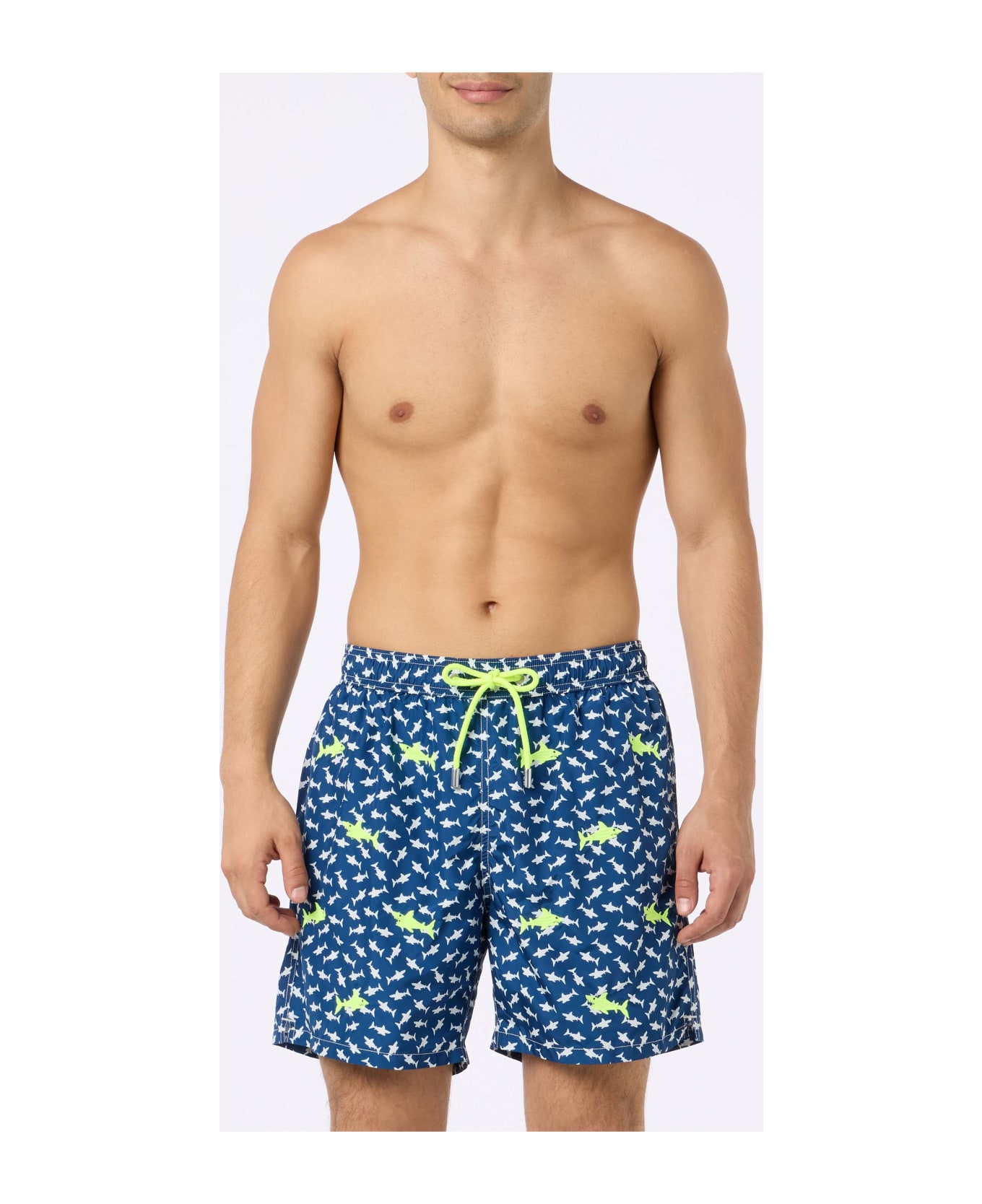 MC2 Saint Barth Man Lightweight Fabric Swim-shorts Lighting With Sharks Embroidery - BLUE