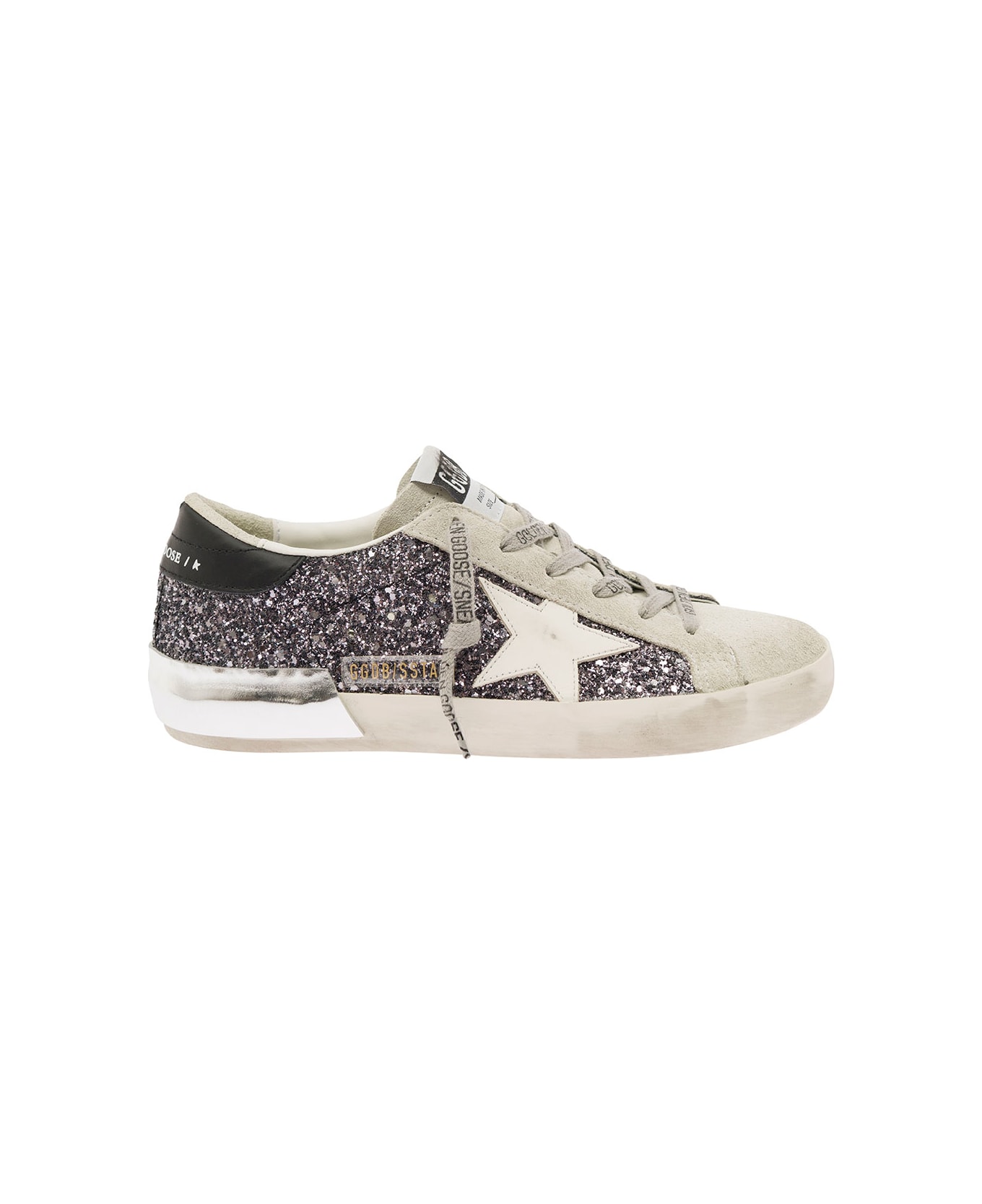 Golden Goose 'superstar' White Low Top Sneakers With Glitters In Vintage Looking Leather Woman - Grey