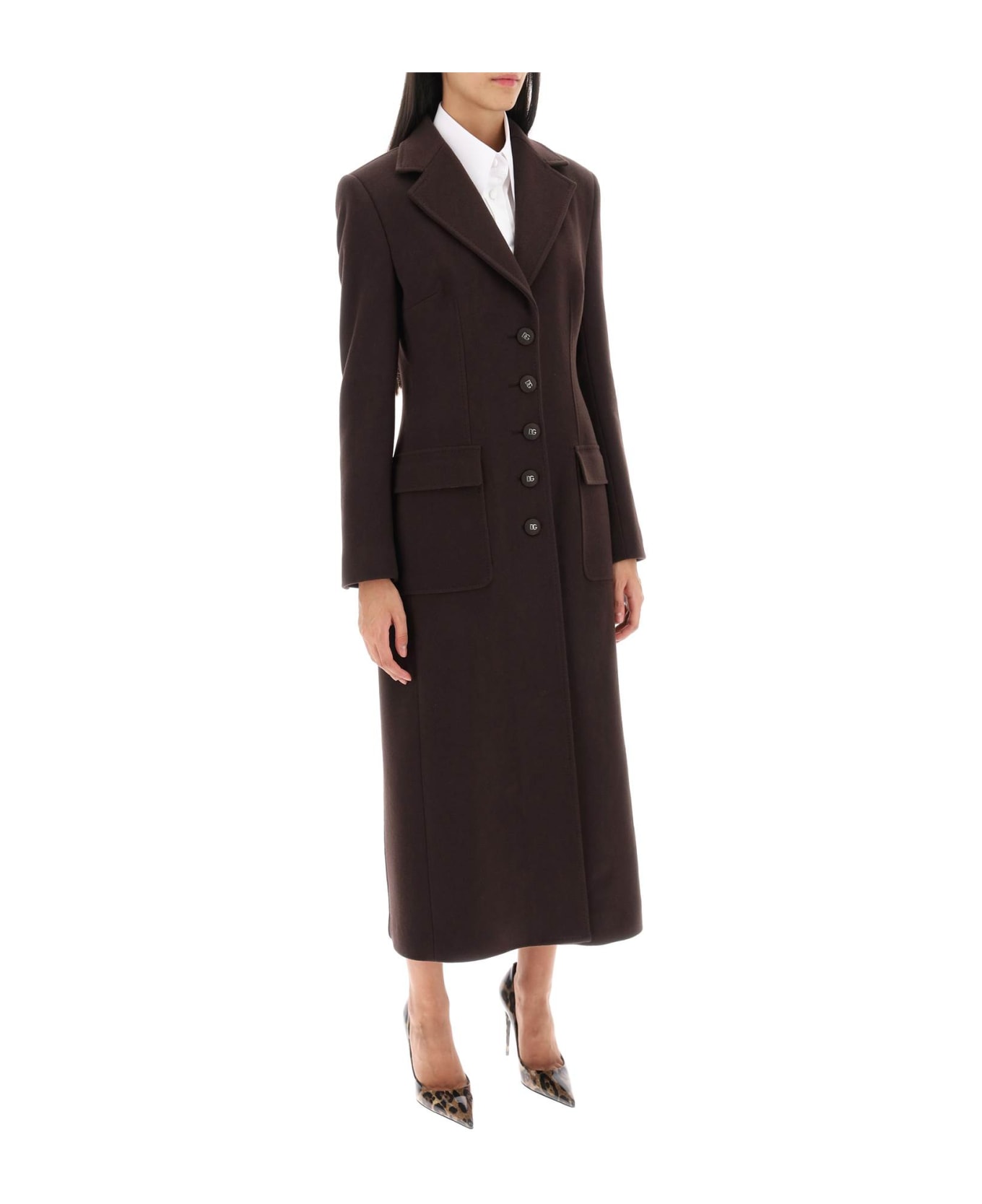 Dolce & Gabbana Shaped Coat In Wool And Cashmere - Marrone Scuro 4