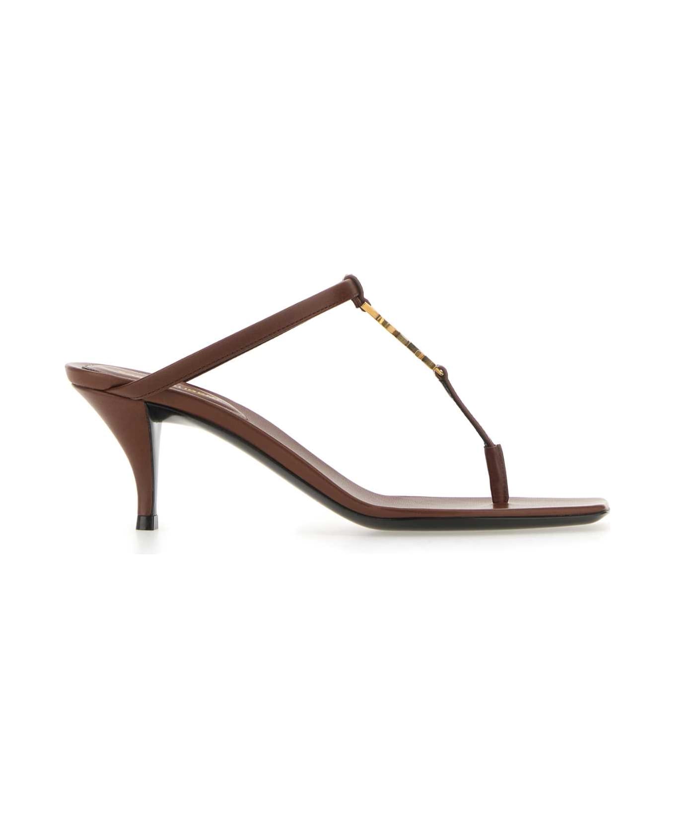 Saint Laurent Brown Leather Cassandre Thong Mules - AESTHETICBROWNAEST サンダル