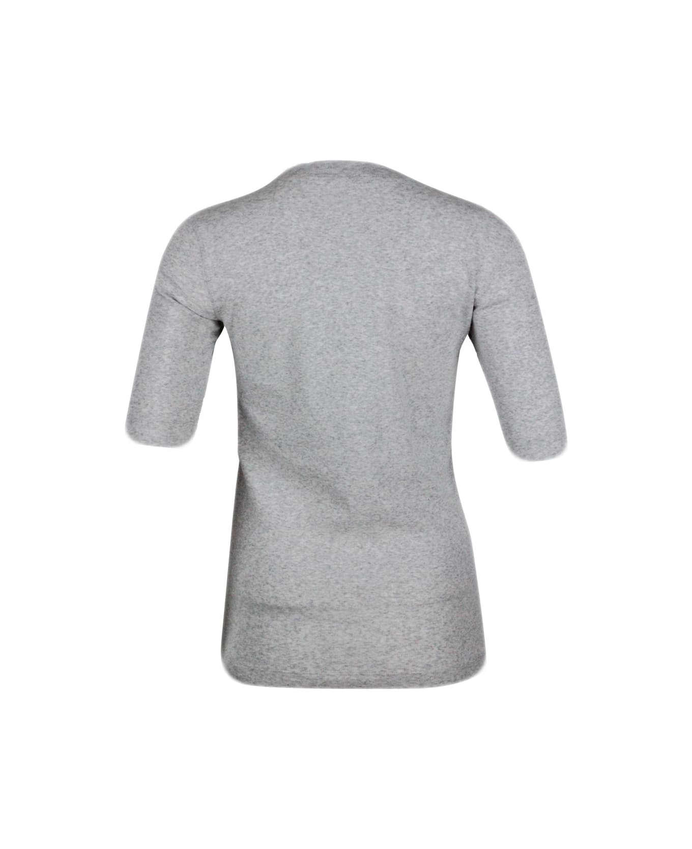 Brunello Cucinelli Long-sleeved V-neck T-shirt In Ribbed Stretch Cotton With Monili Triangle On The Neckline - Grey