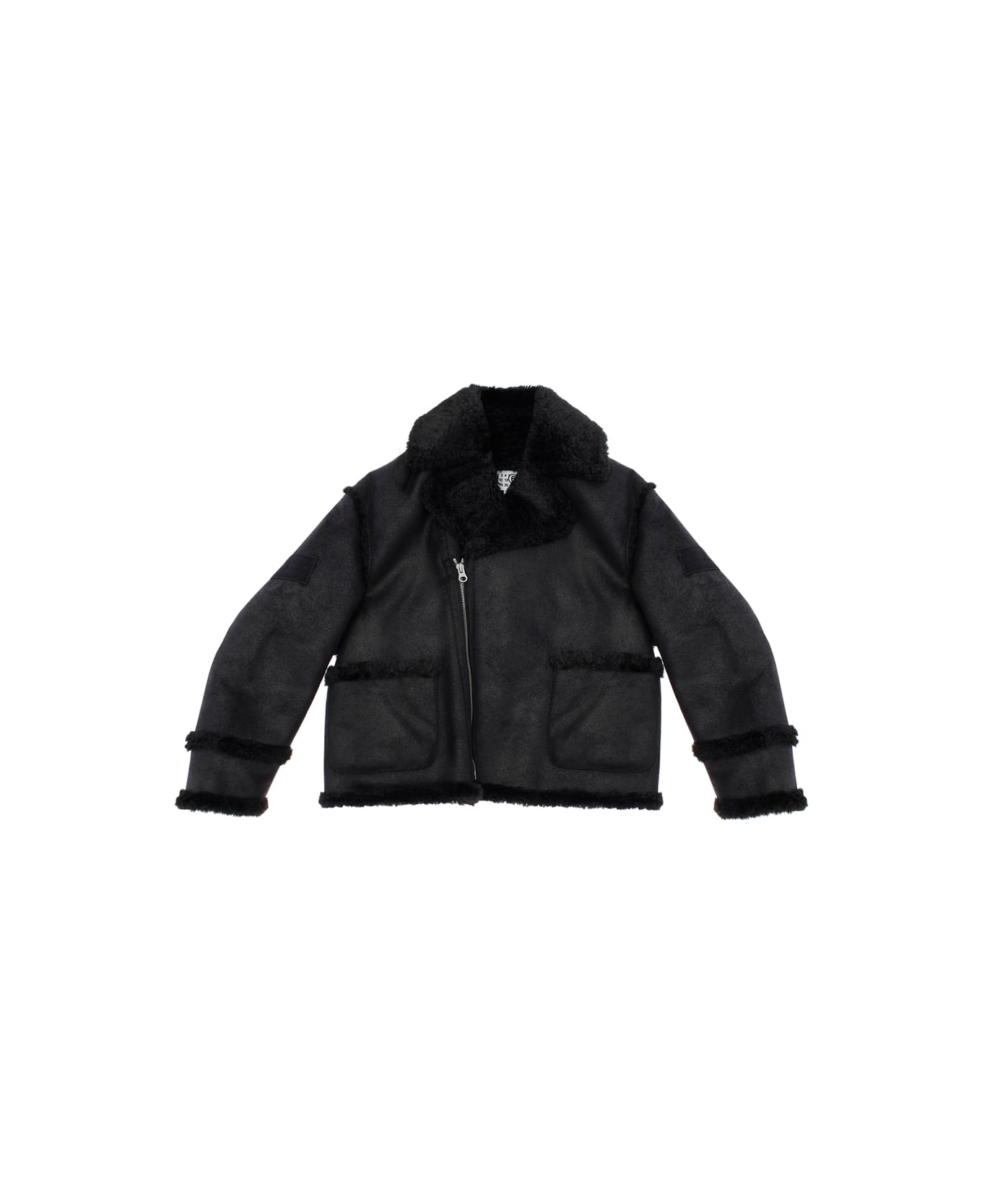 MM6 Maison Margiela Black Jacket With Ecofur Collar And Logo Patch On The Sleeve In Tech Fabric Girl - Black