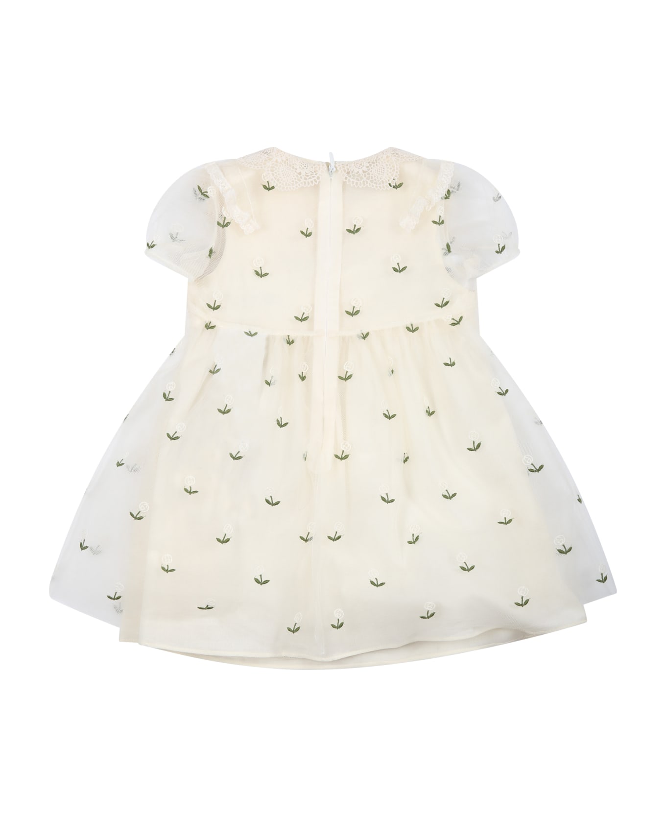Gucci Ivory Dress For Baby Girl With All-over Embroidered Flowers And Logo Gg - Ivory