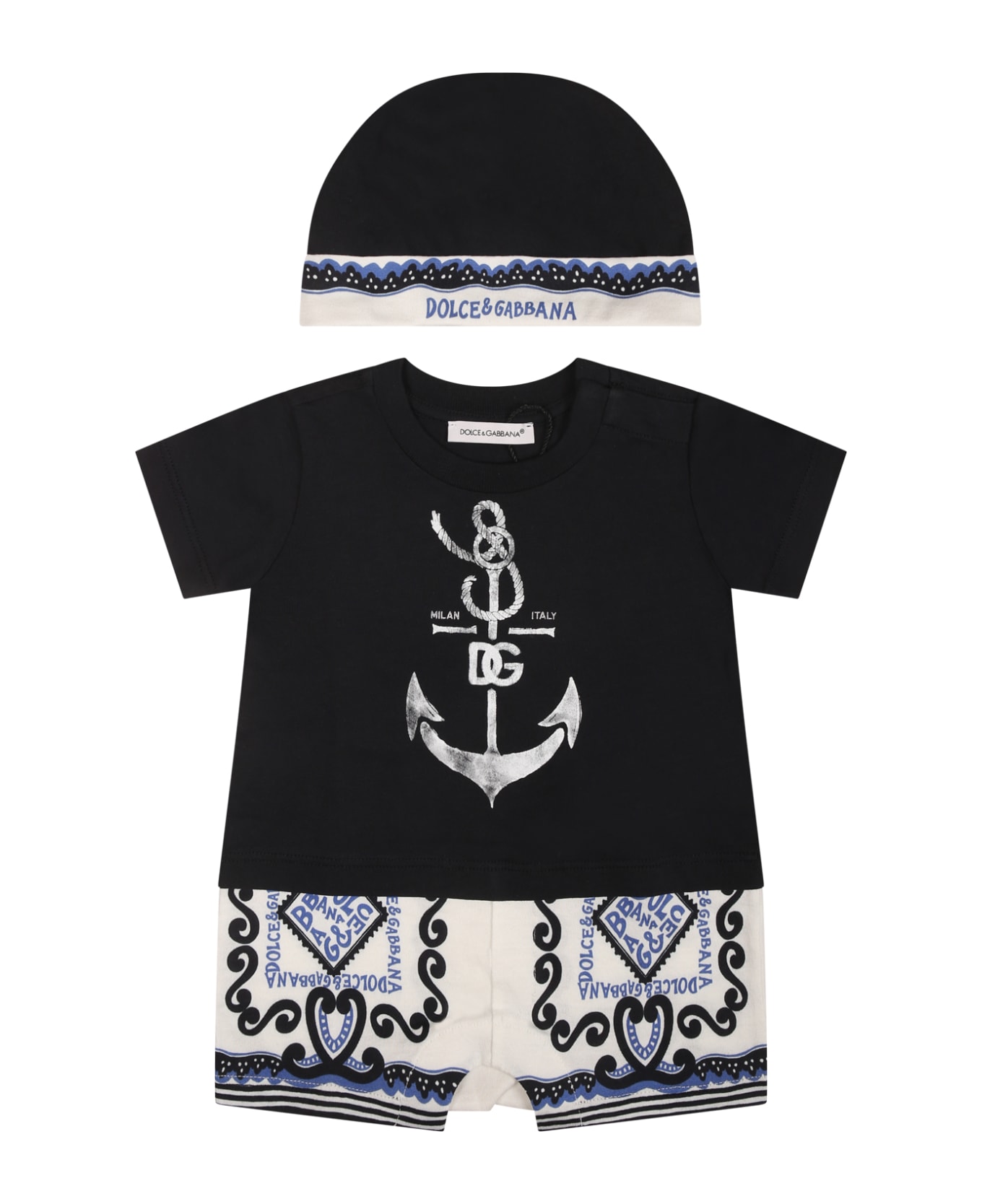 Dolce & Gabbana Blue Set For Baby Boy With Bandana Print - Black