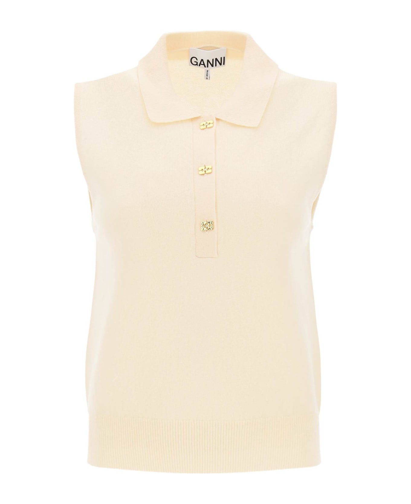 Ganni Sleeveless Polo Shirt In Wool And Cashmere - ALABASTER GLEAM (Beige)