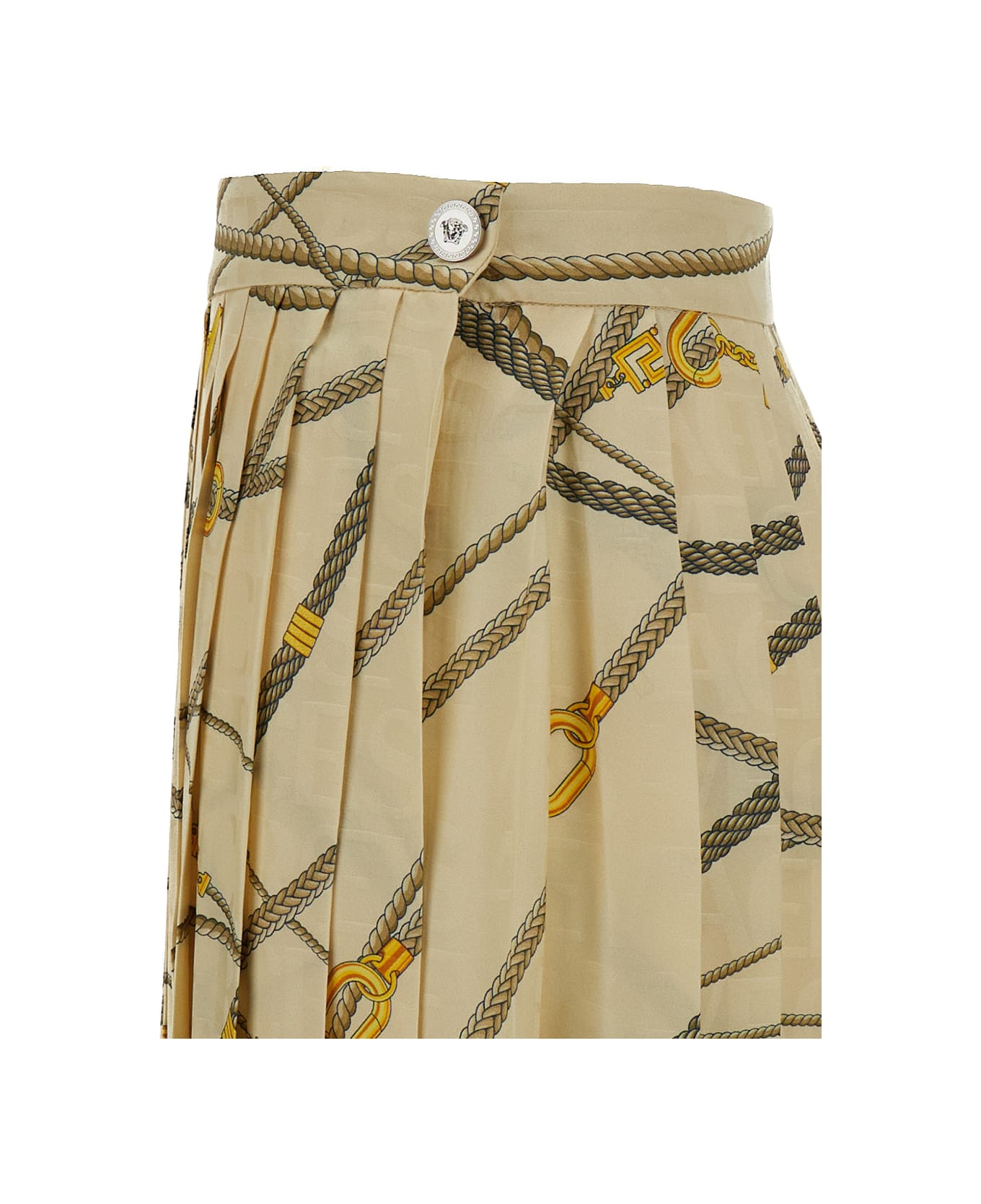 Versace Pale Yellow Pleated Mini Skirt With All-over Logo Print In Silk Blend Woman - Yellow