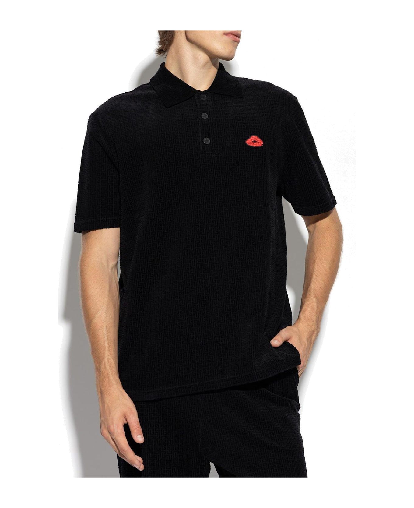 Balmain Lip Motif Collared Polo Shirt - NOIR