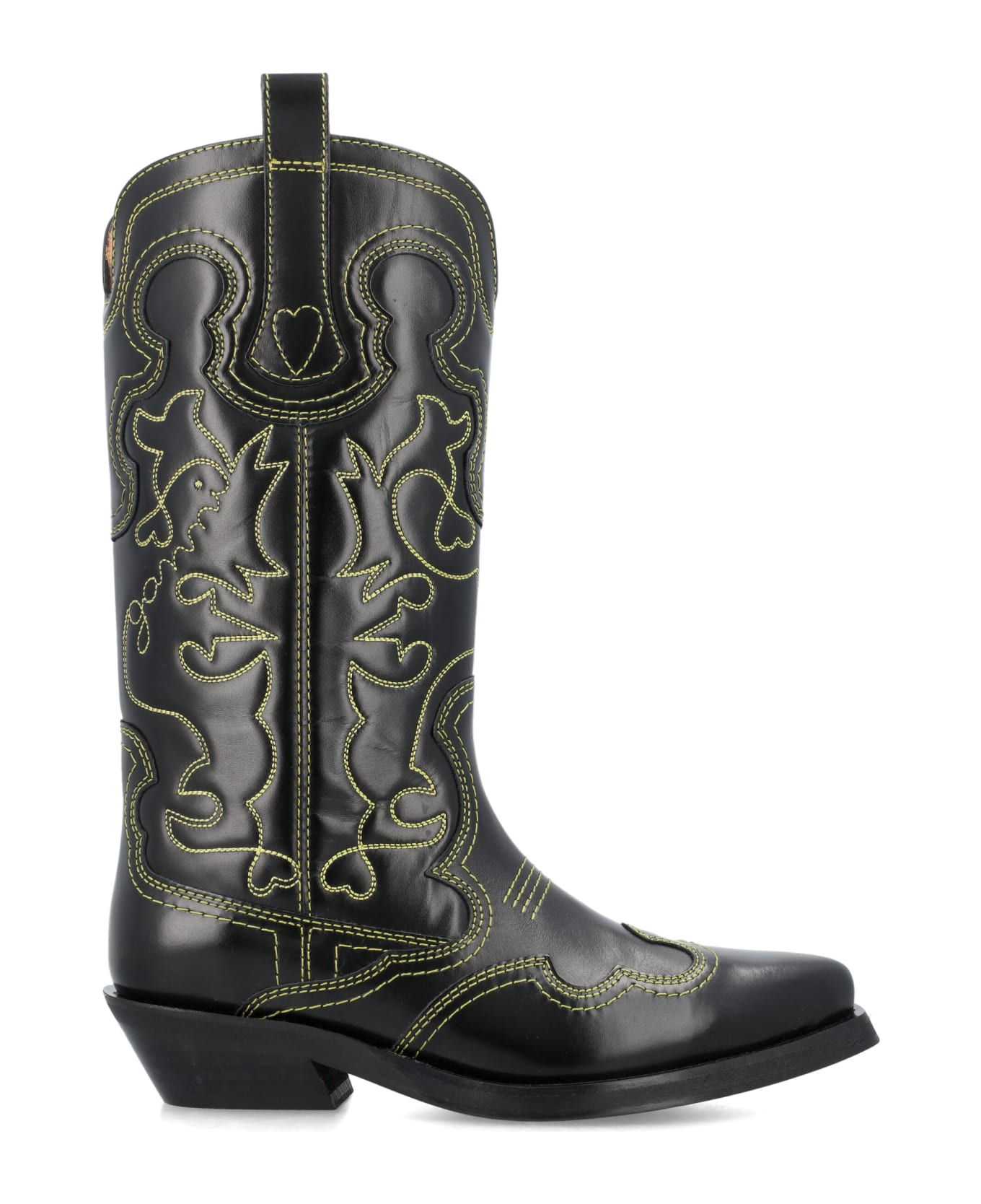 Ganni Mid Shaft Embroidered Western Boots - BLACK