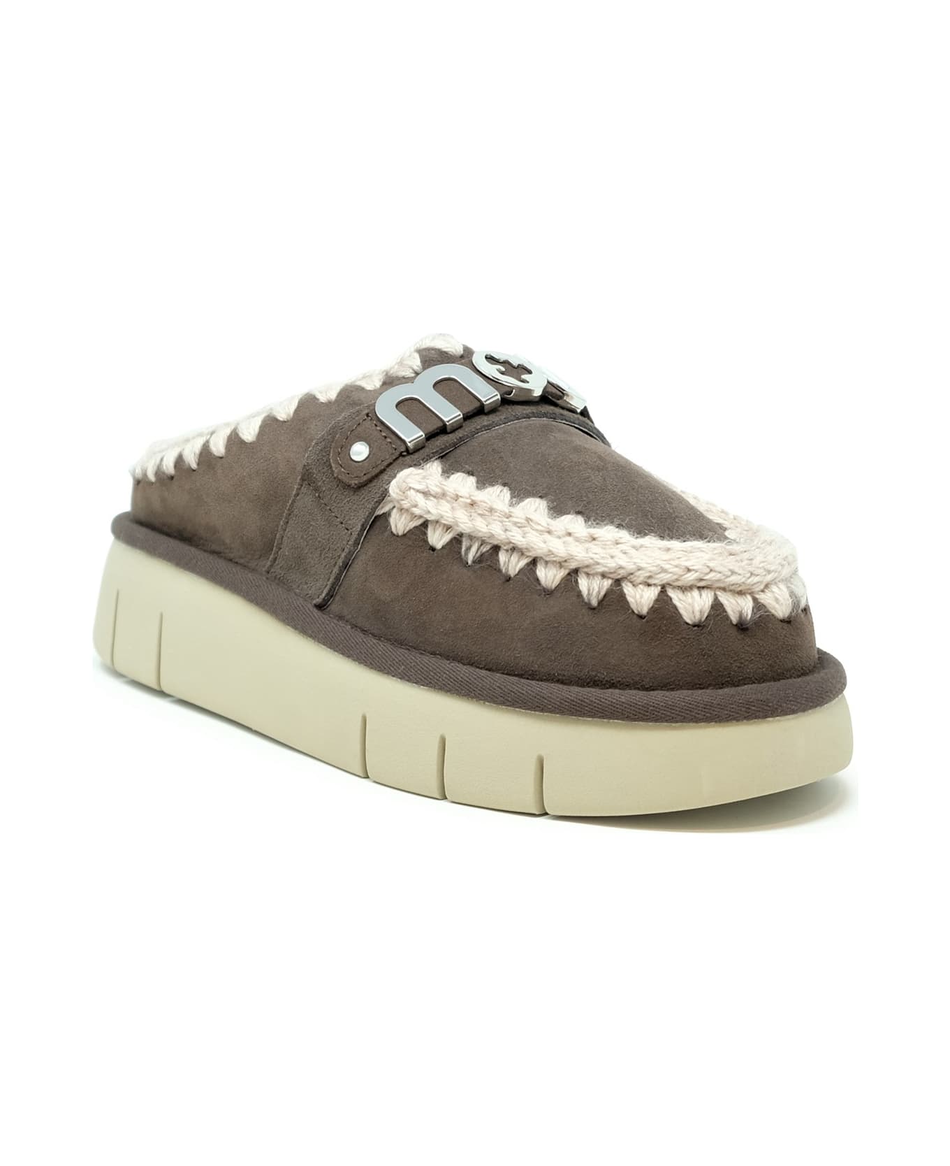 Mou Moka Bounce Metal Logo Leather Wool Rubber Clog Shoe - GREY