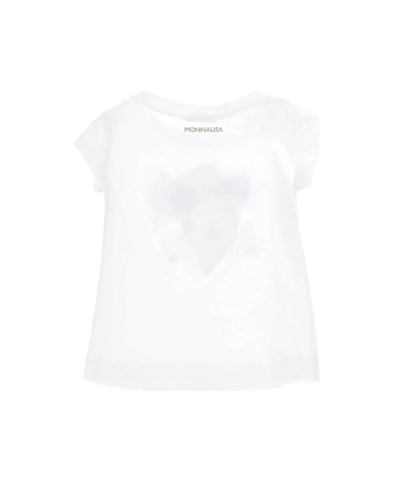 Monnalisa White Short-sleeve Crew Neck T-shirt With Front Print In Cotton Blend Girl - White Tシャツ＆ポロシャツ