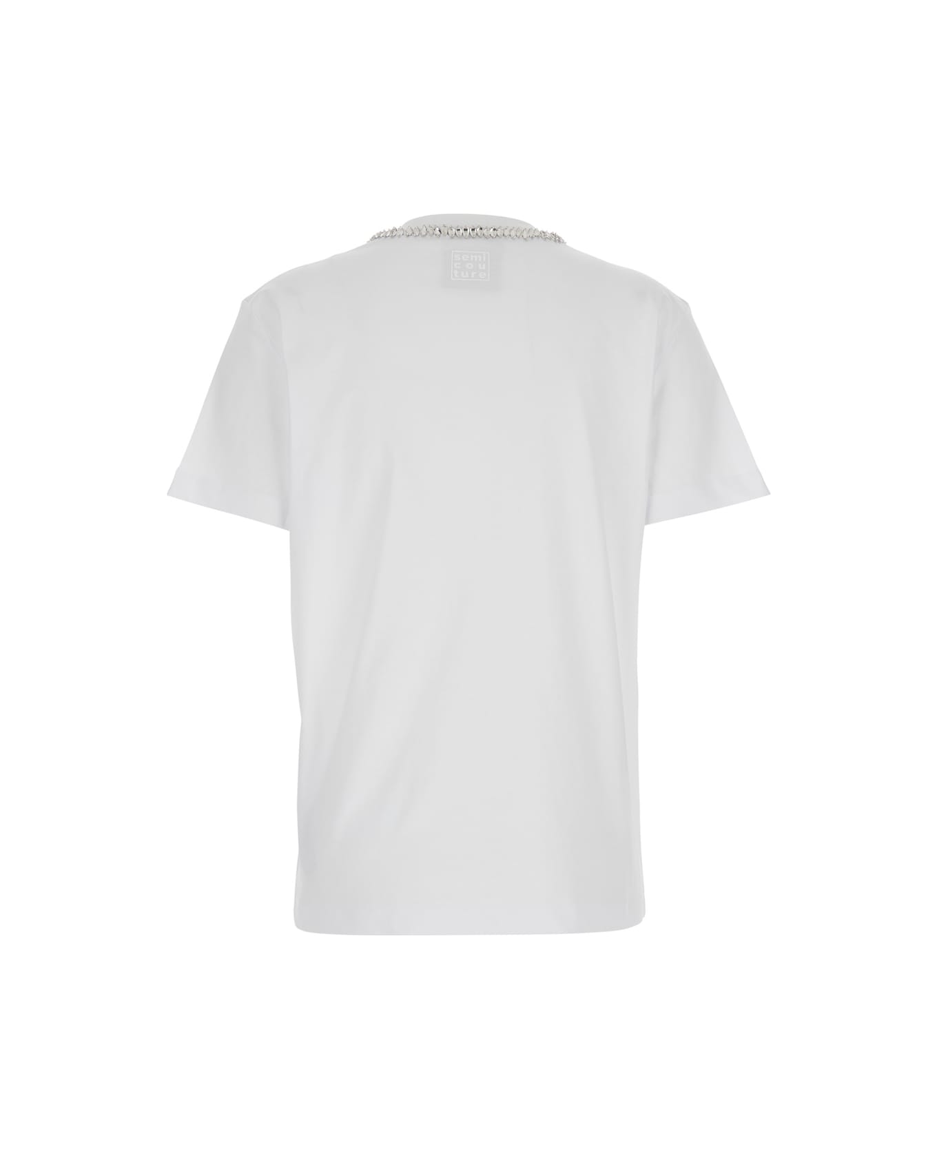 SEMICOUTURE White Round Neck T-shirt With Metallic Decorations In Cotton Woman - White