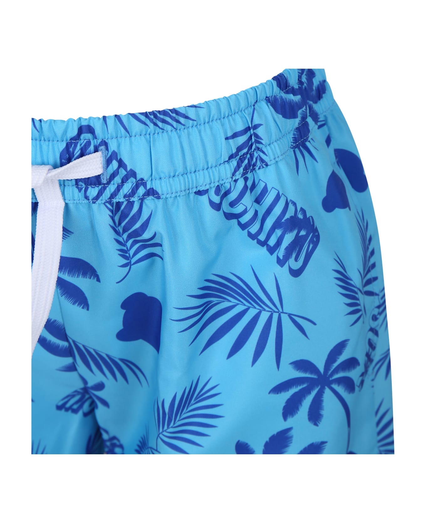 Moschino Light Blue Swim Shorts For Boy With Tropical Pattern And All-over Logo - Light Blue