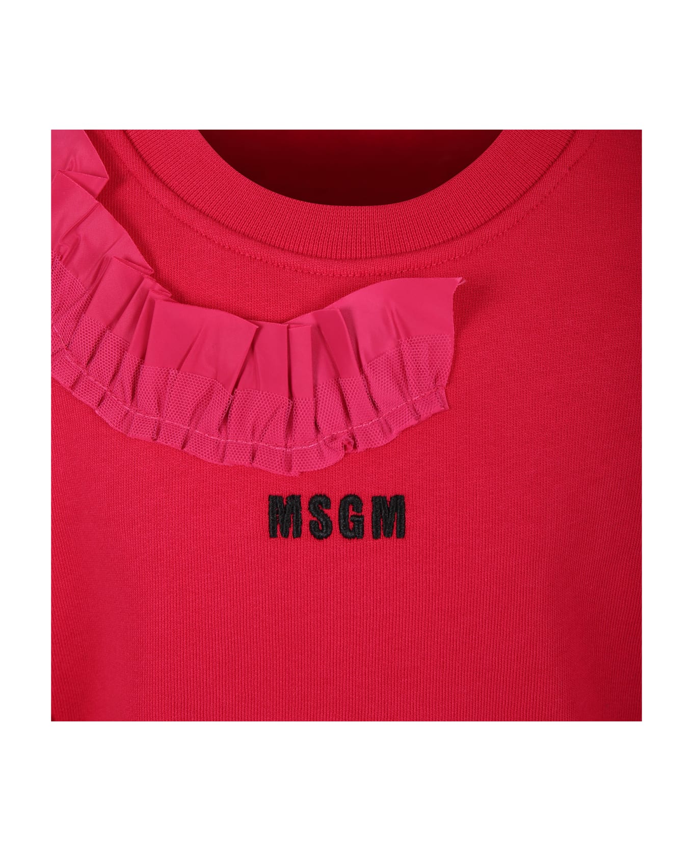 MSGM Fuchsia Dress For Girl With Ruffles And Logo - Fuchsia