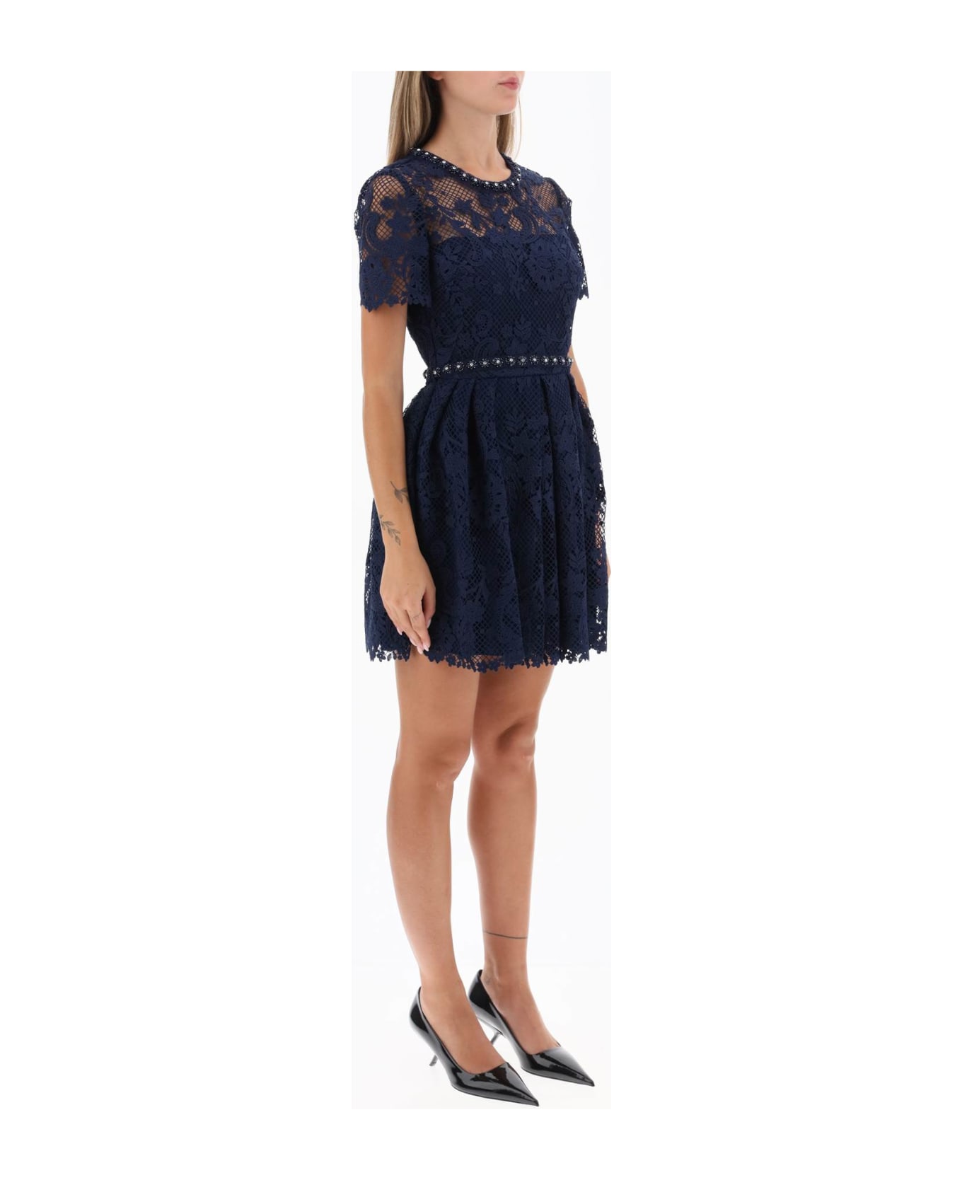 self-portrait Floral Lace Mini Dress With Appliques - NAVY (Blue)