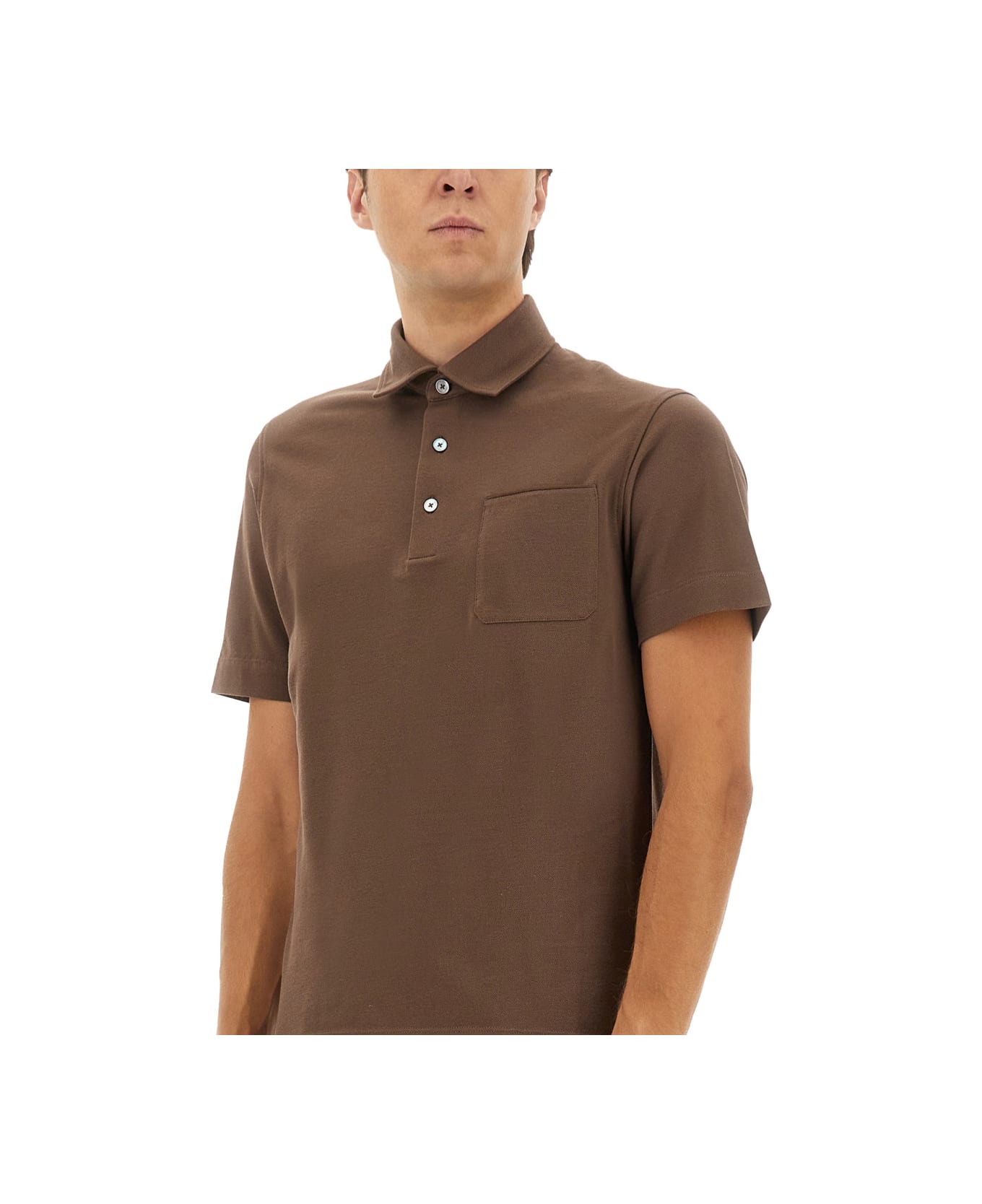 Zegna Cotton Polo Shirt With Pocket - BROWN