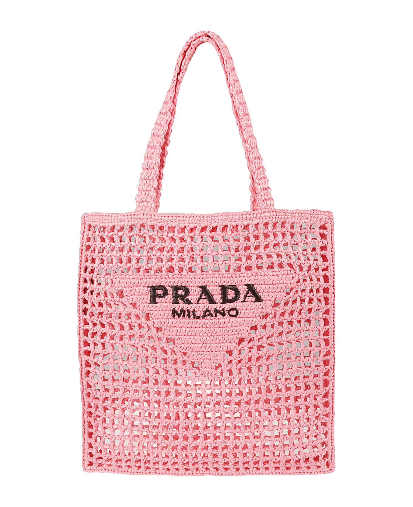 Prada Logo Embroidered Raffia Shopper Bag - Petal