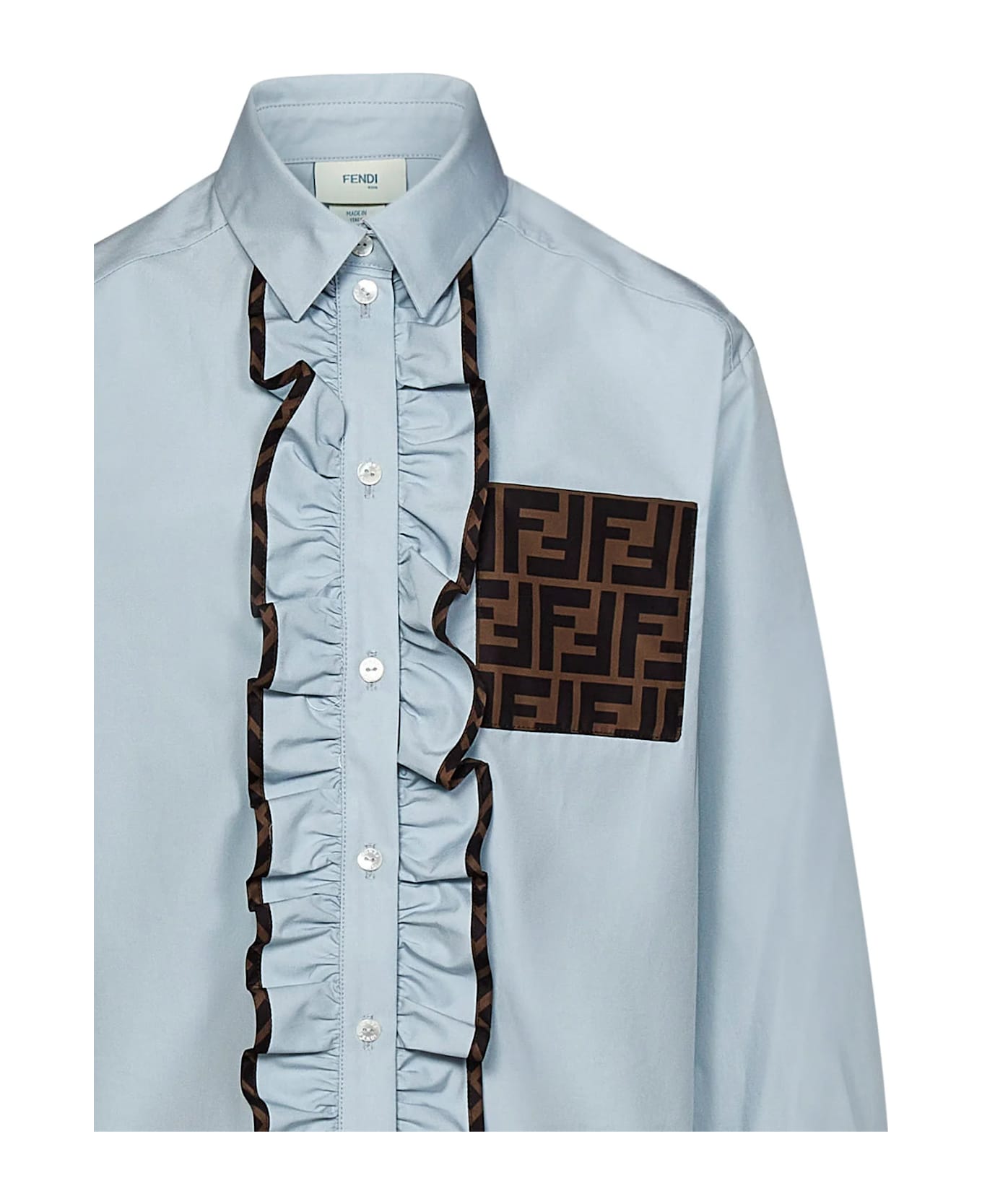 Fendi Light Blue Shirt With Ruffles And Ff Motif - Blue