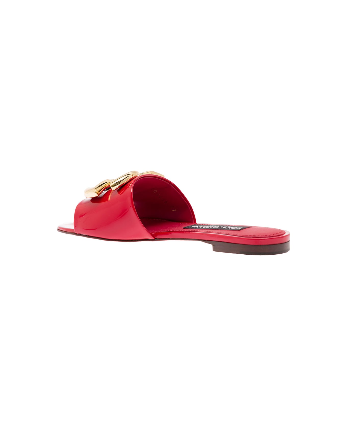 Dolce & Gabbana Red Sliders With Metal Dg Logo In Polished Leather Woman - Red