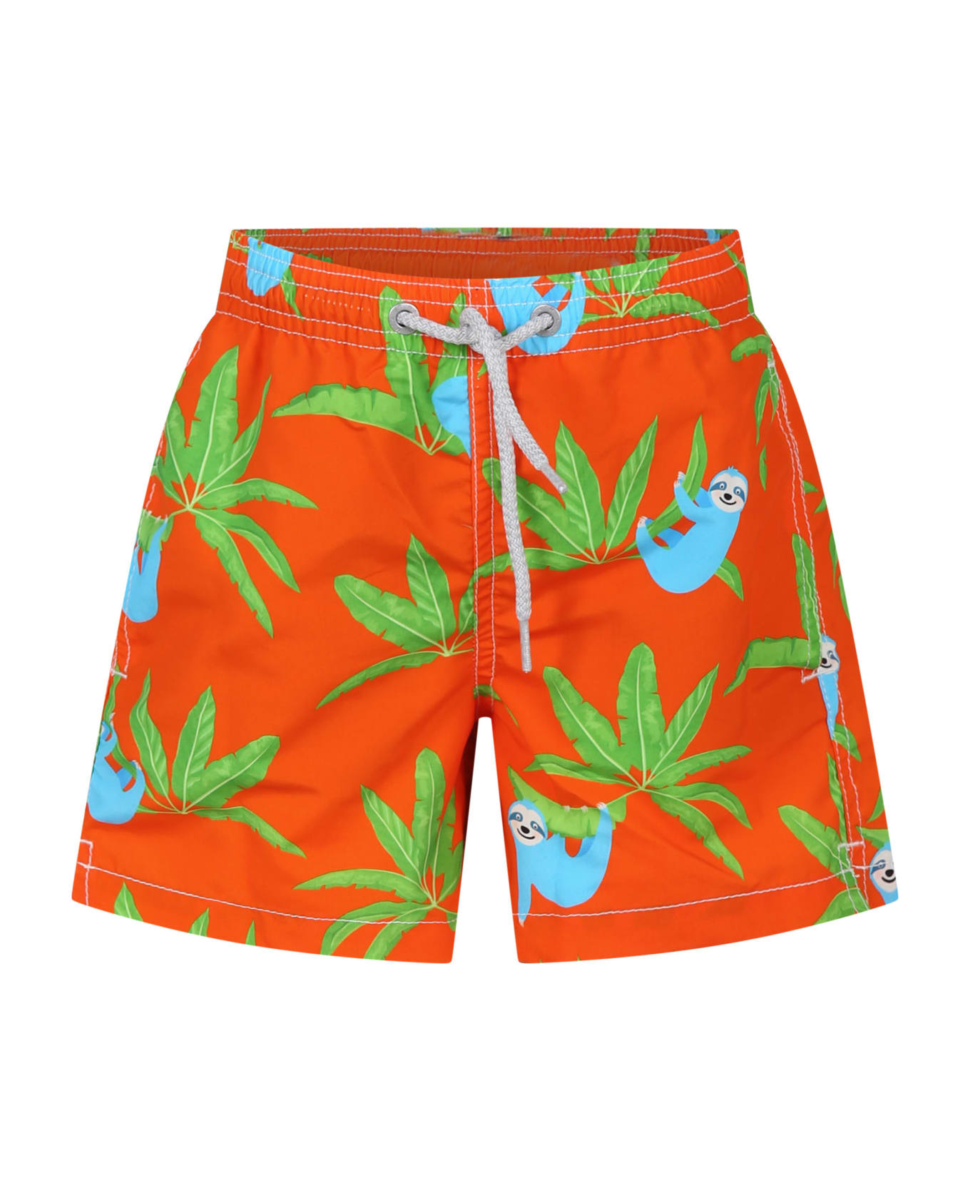 MC2 Saint Barth Orange Swim Shorts For Boy With Sloth Print - Orange