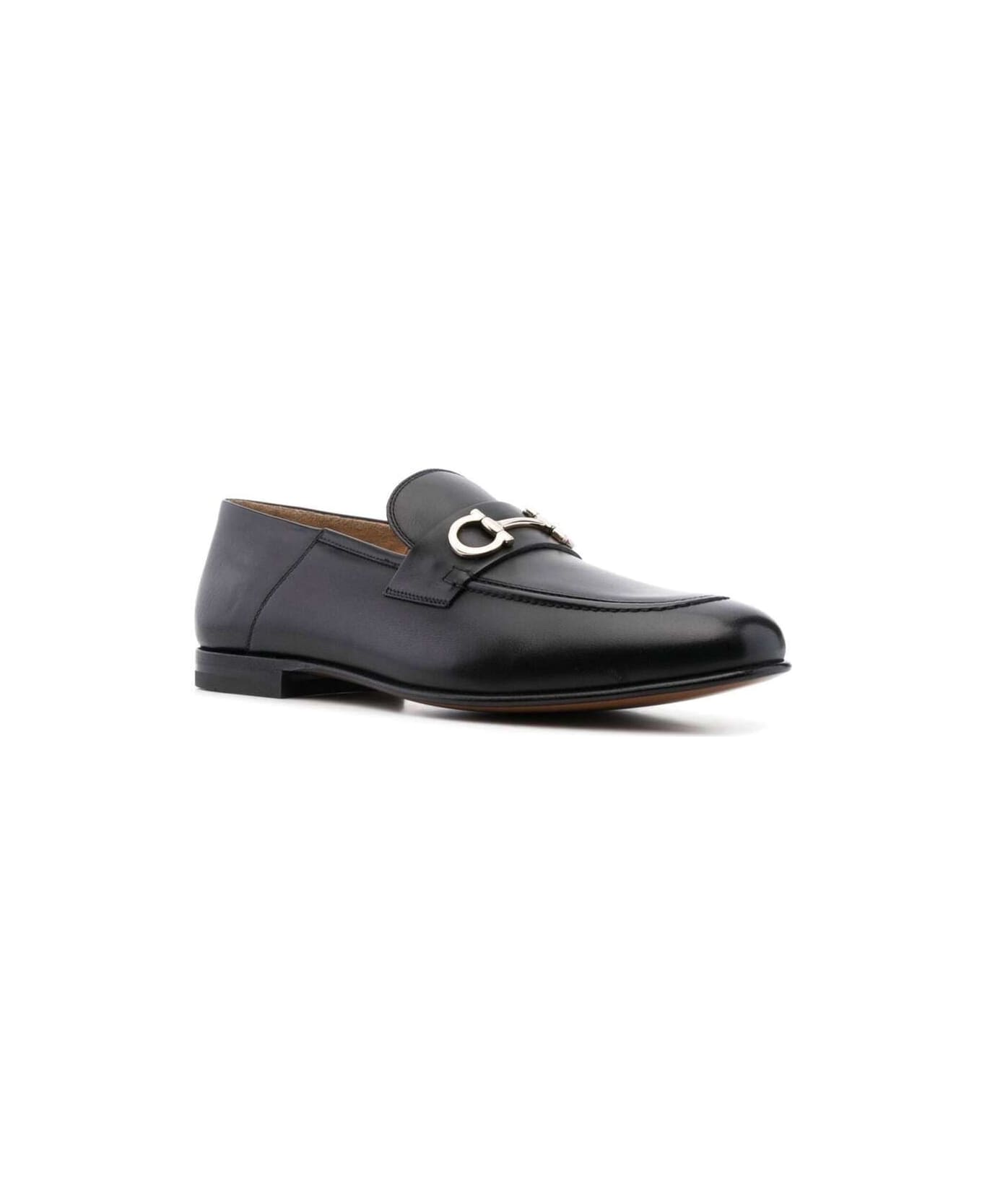 Ferragamo Black Gin Loafers With Metal Logo Placque At The Front In Calf Leather Man - Black