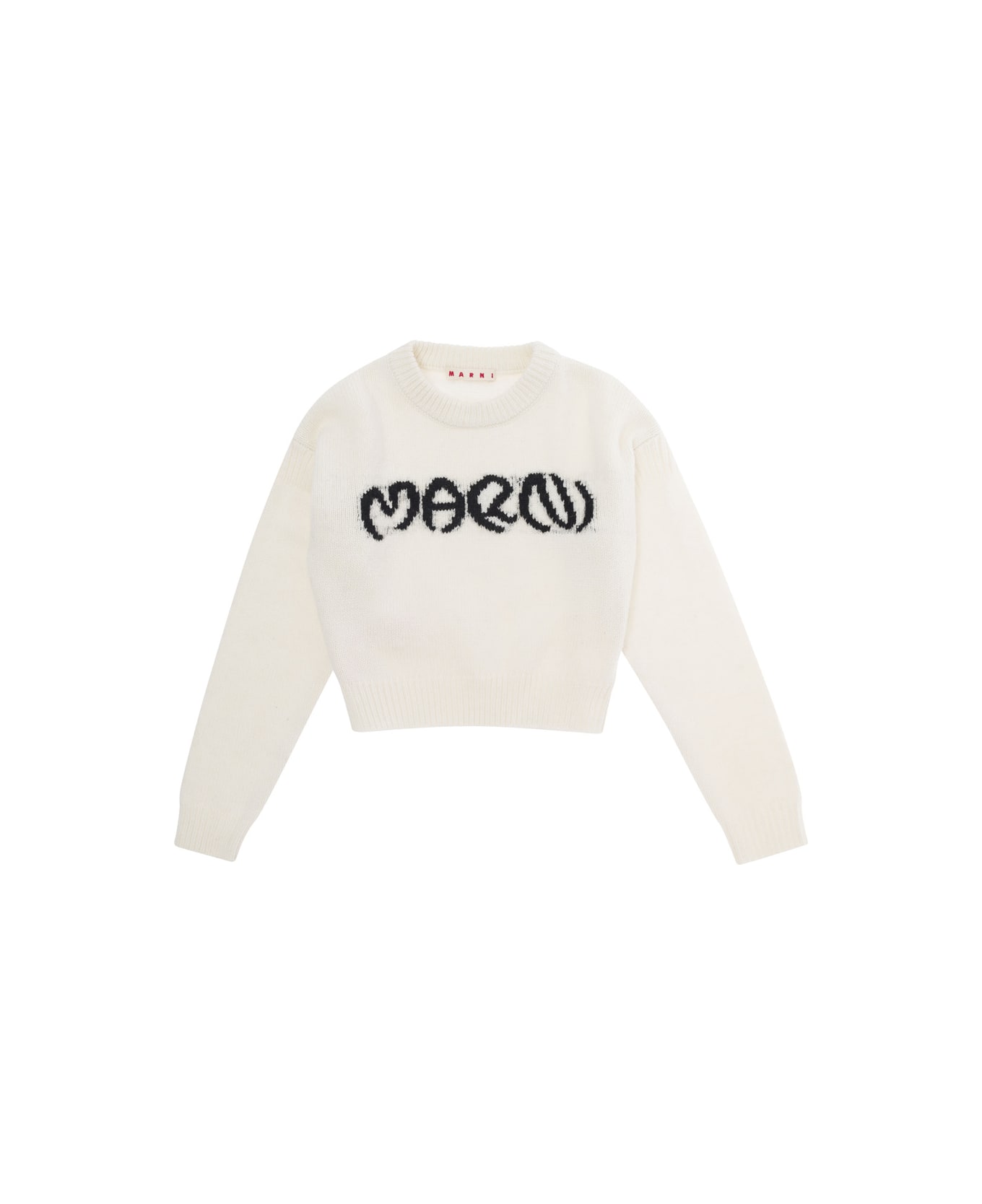 Marni White Cropped Sweater With Jacquard Logo In Wool Blend Girl - White