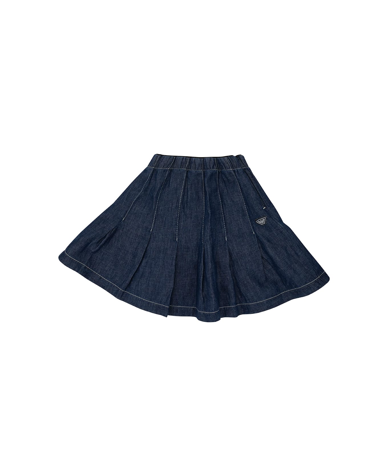 Emporio Armani Mini Blue Pleated Skirt With Logo Patch In Denim Girl - Blu