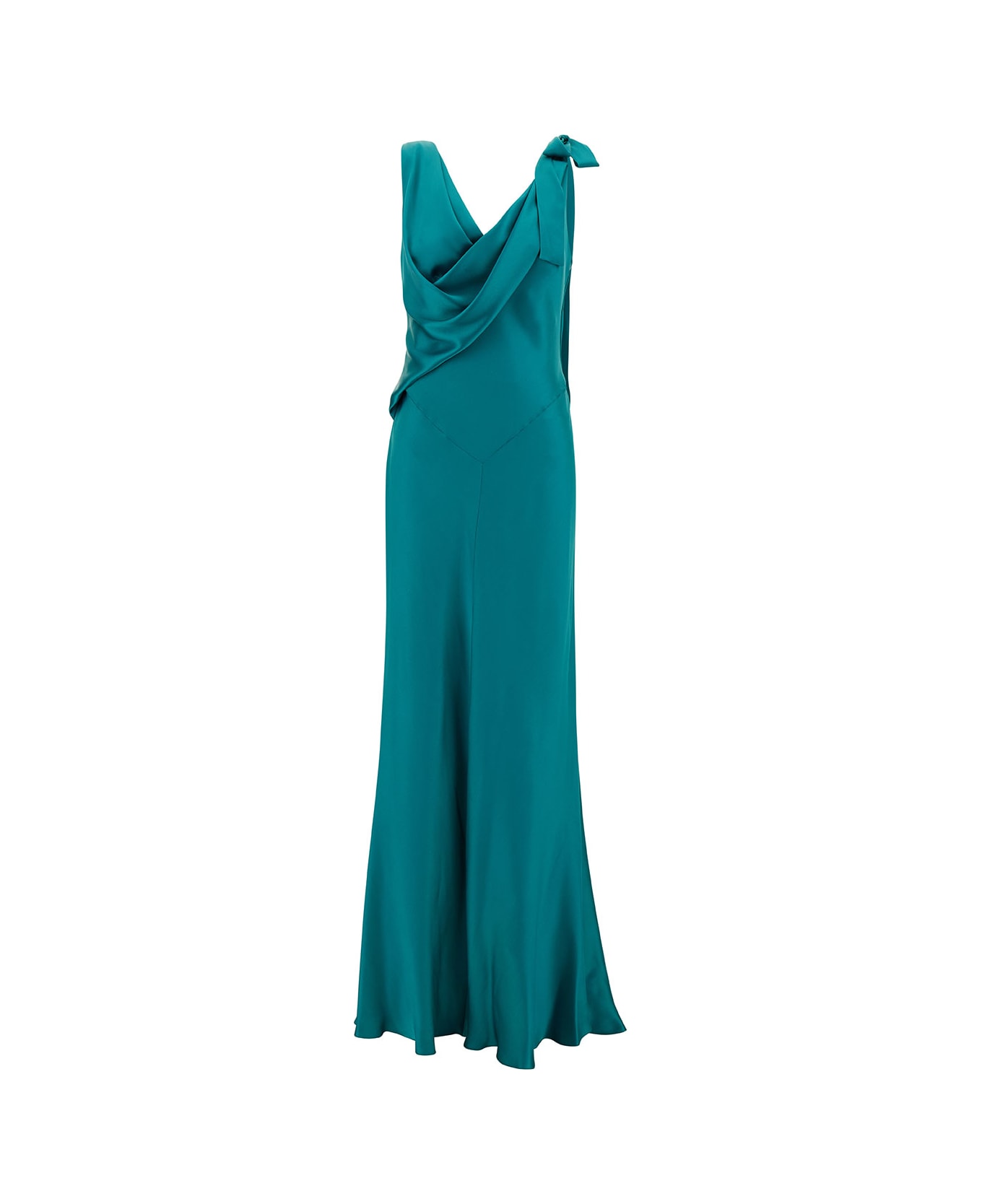 Alberta Ferretti Blue Long Draped Dress With V Neckline In Satin Woman - TEAL