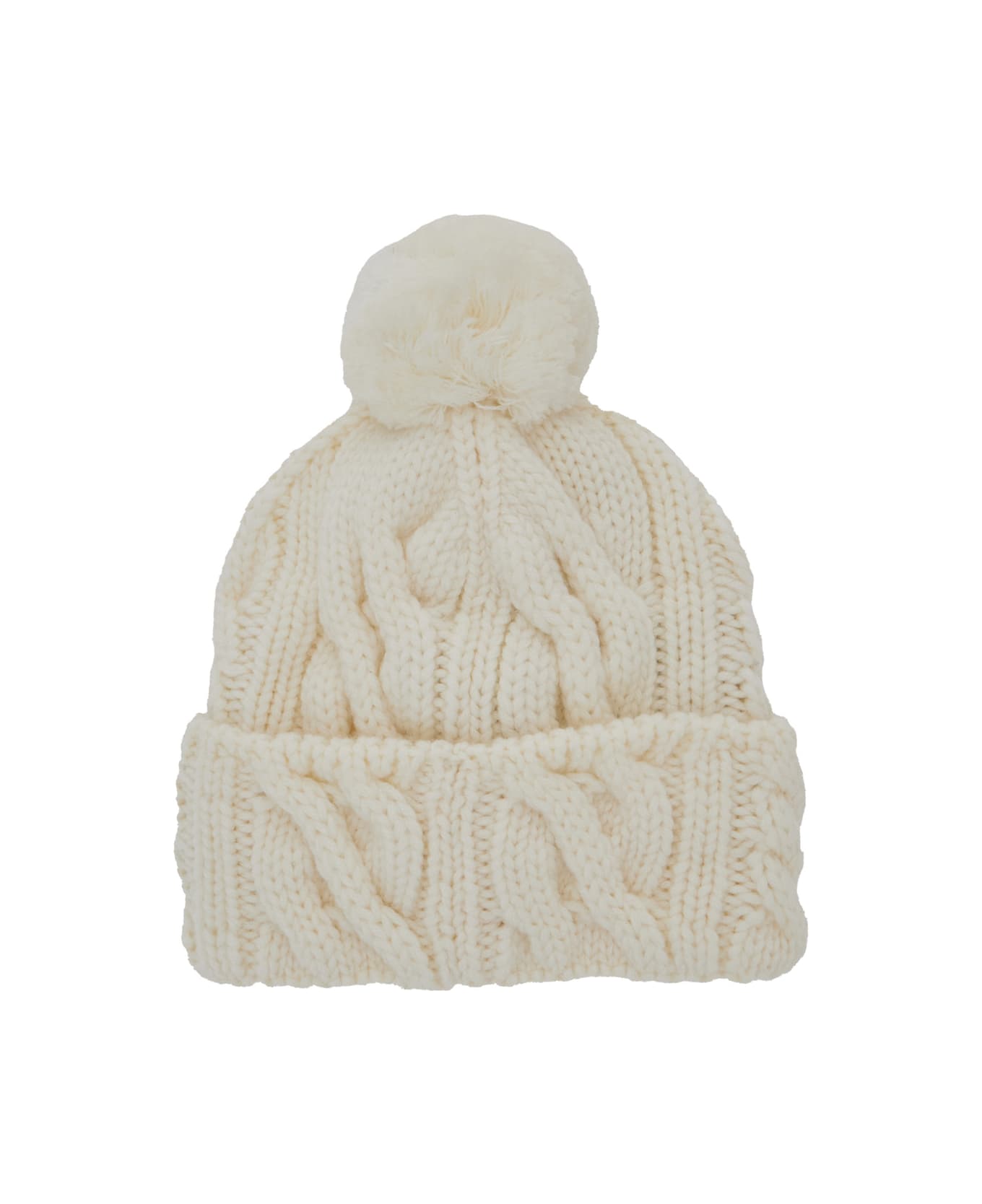 Golden Goose White Cable Knit Beanie With Pompon In Wool Girl - White