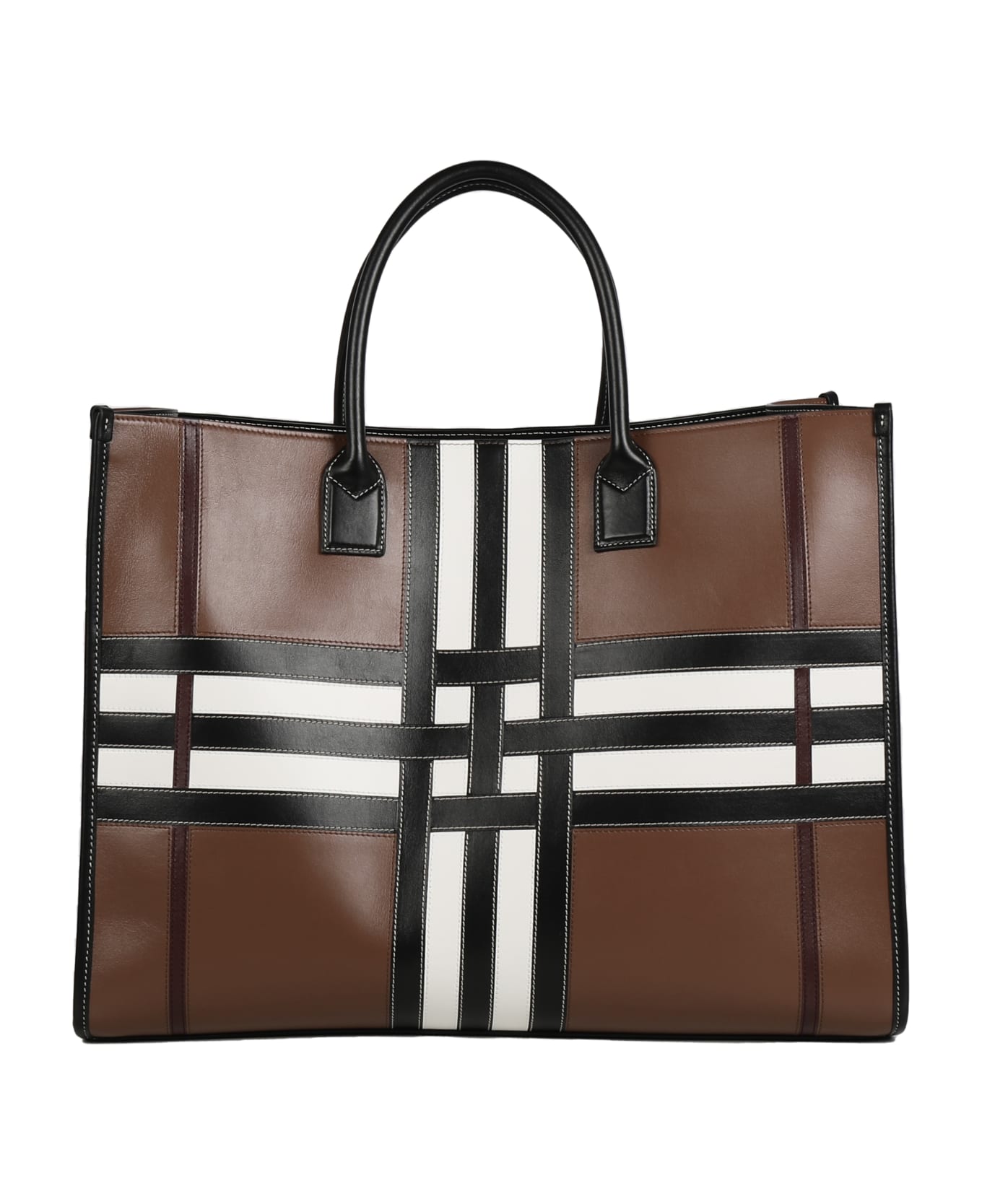 Burberry Leather And Fabric Tote With Tartan Pattern - Brown