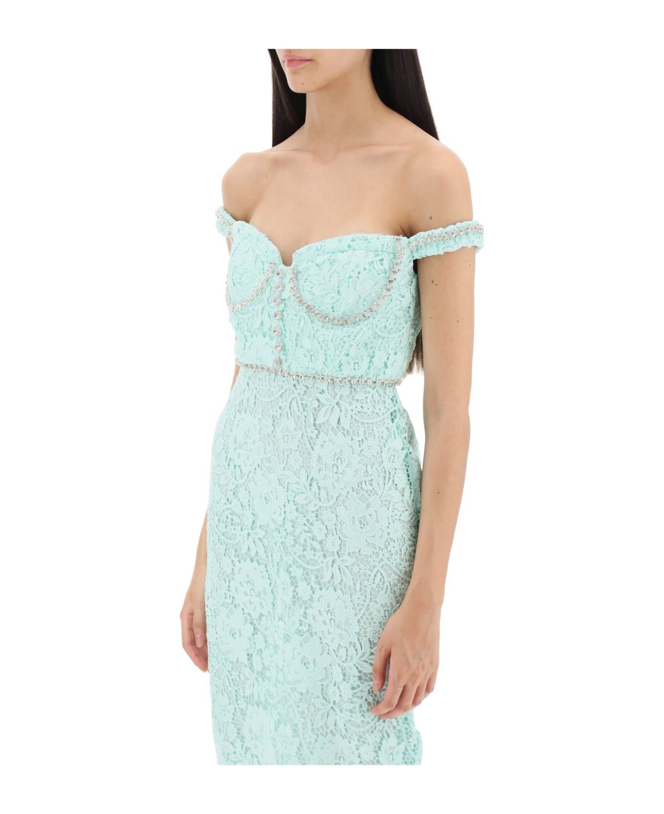 self-portrait Midi Dress In Floral Lace With Crystals - Green
