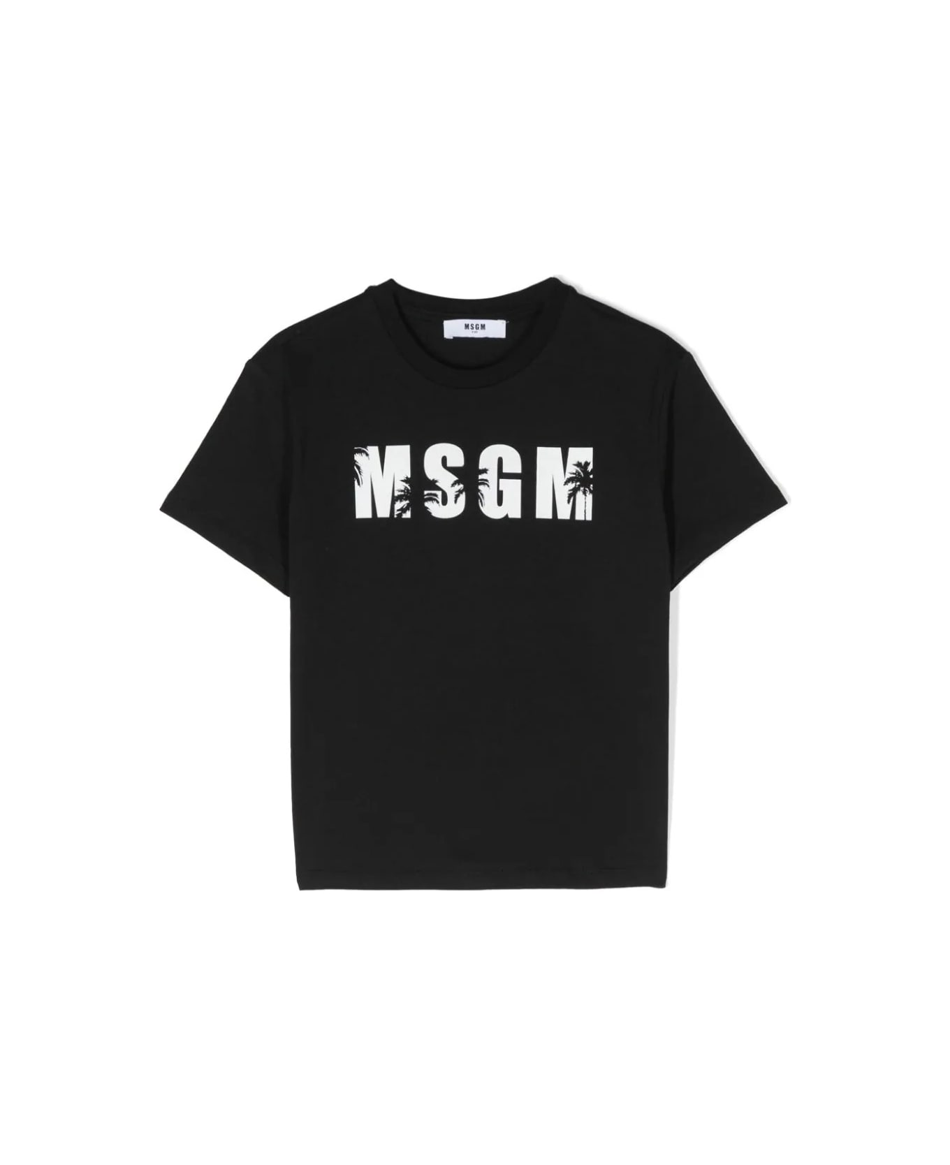 MSGM Black T-shirt With Logo And Palm Trees - Nero