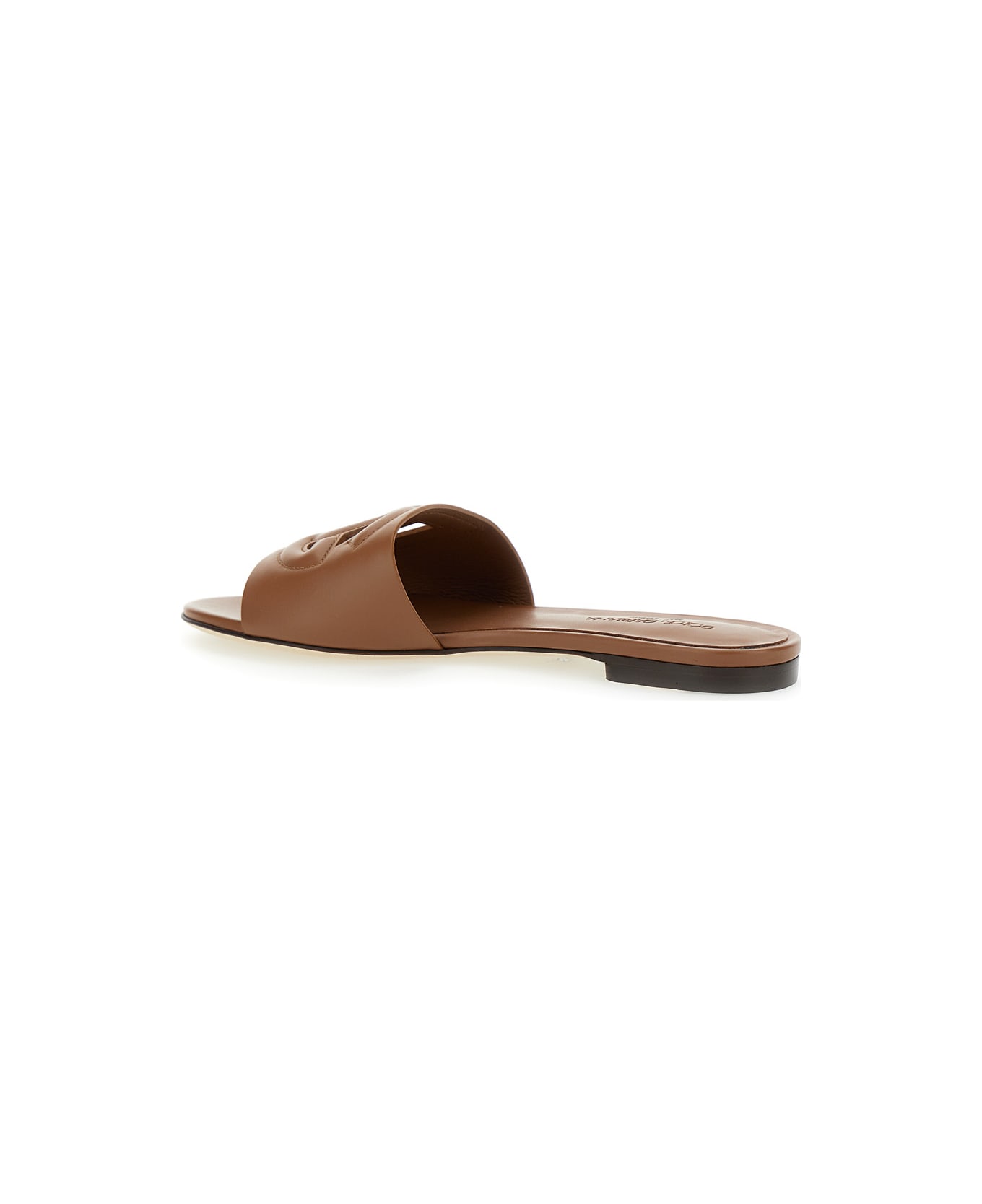 Dolce & Gabbana Slide Sandals With Cut Out Logo In Leather Woman - Brown