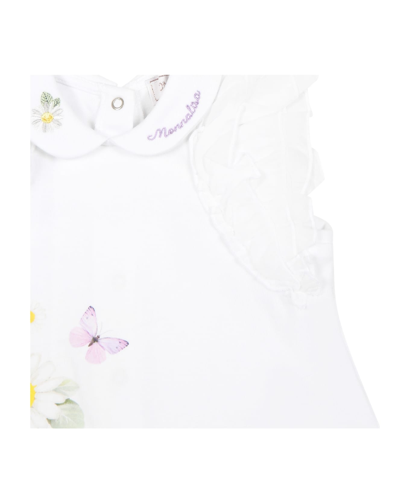 Monnalisa White Romper For Baby Girl With Daisy Print - WHITE ボディスーツ＆セットアップ
