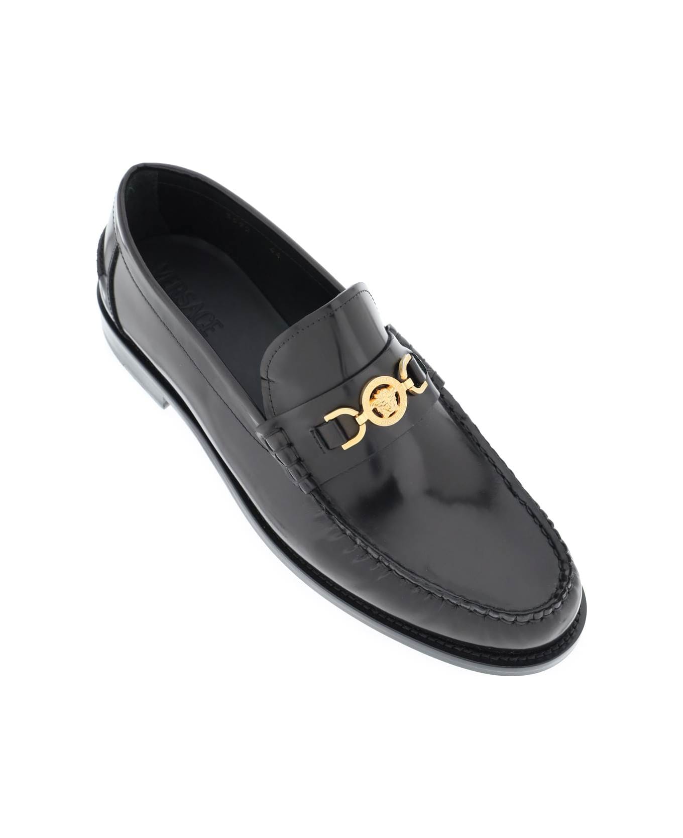 Versace Black Leather Loafers - Black/versace Gold ローファー＆デッキシューズ