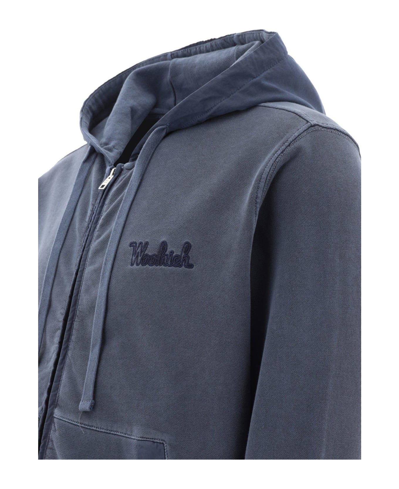 Woolrich Logo Embroidered Zipped Drawstring Hoodie - Melton Blue