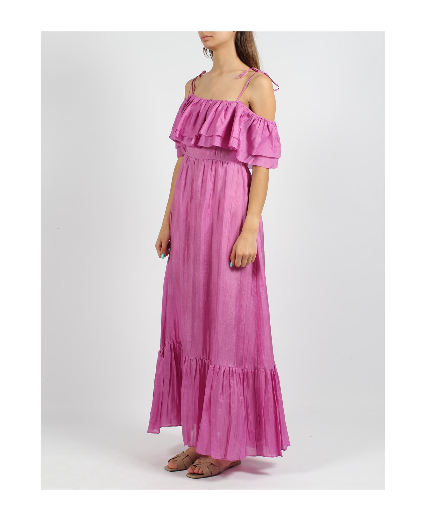 The Rose Ibiza Ruffled Silk Long Dress - Pink & Purple