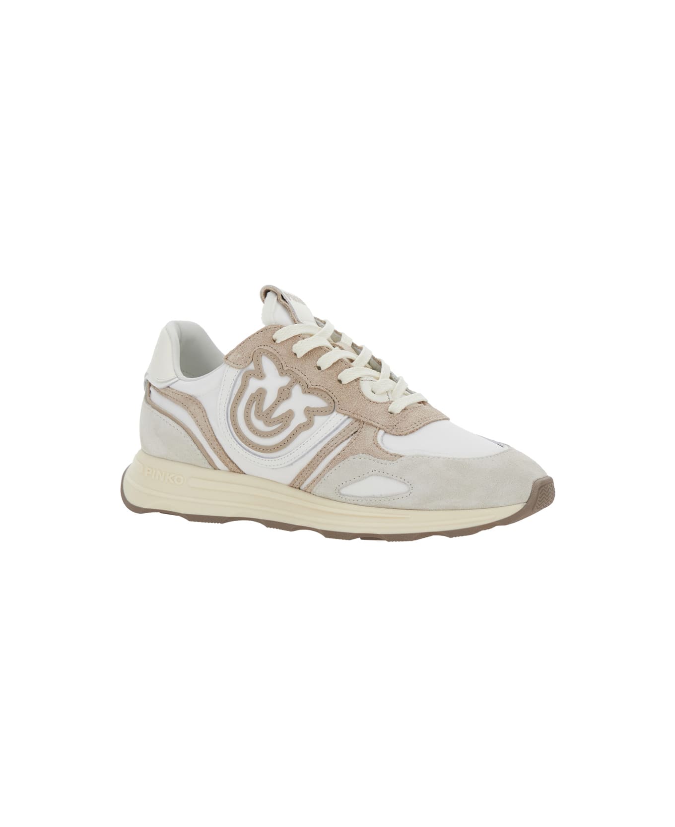 Pinko 'zoe' Beige Low-top Sneaker With Love Birds Diamond Cut Logo In Suede And Tech Fabric Woman - Beige