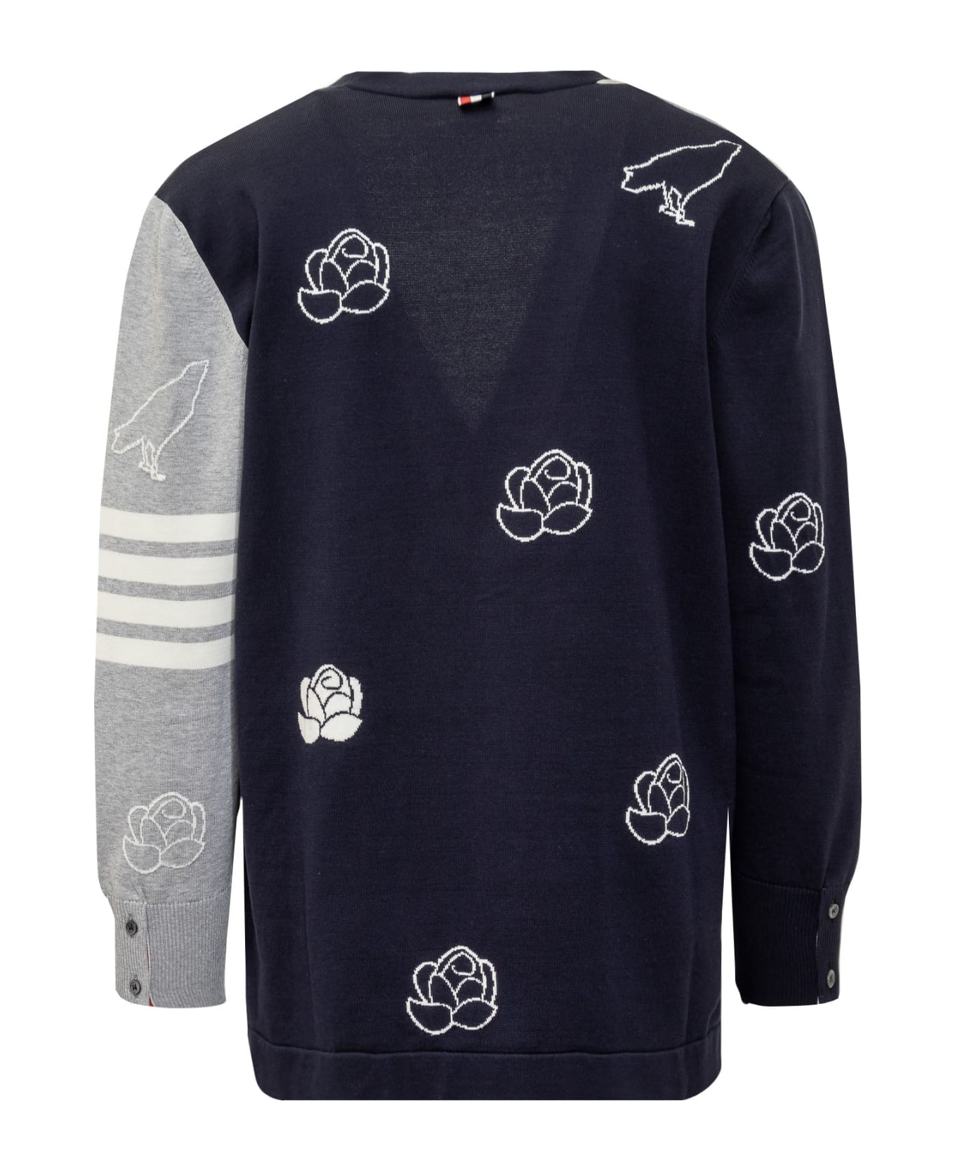 Thom Browne Cotton Birds And Flowers Cardigan - NAVY/GREY