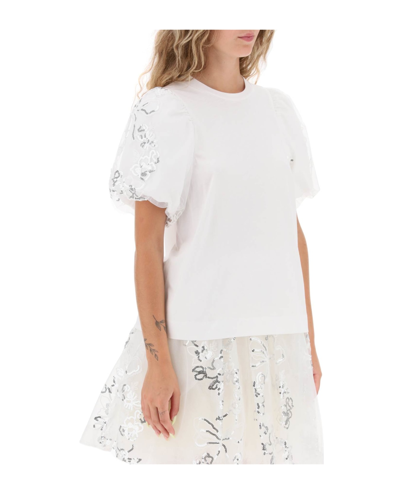 Simone Rocha Embroidered Puff Sleeve A-line T-shirt - WHITE (White) ポロシャツ