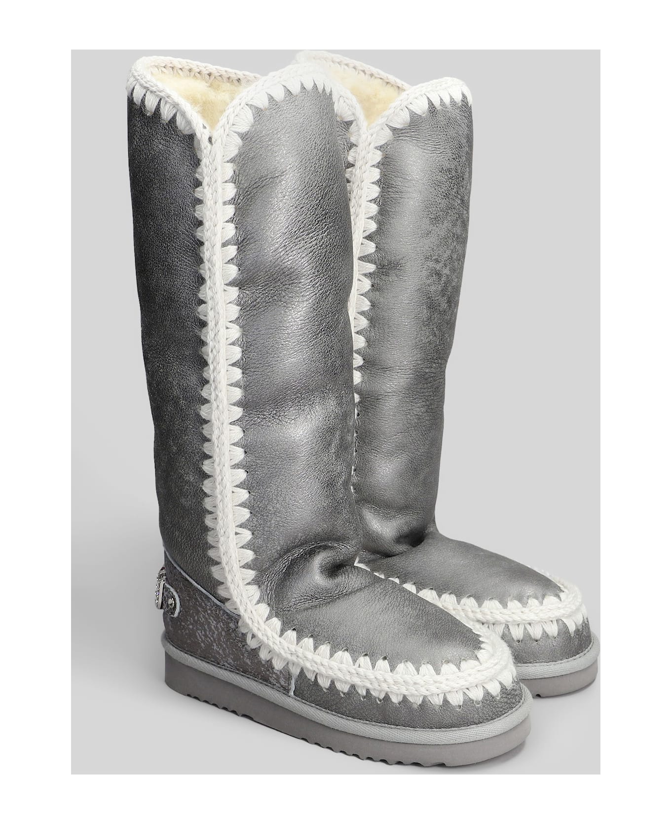 Mou Eskimo 40 Low Heels Boots In Silver Suede - silver